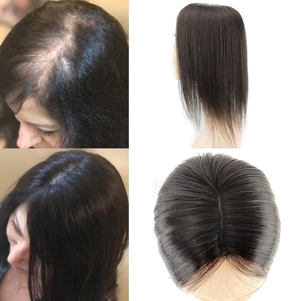 8x12 CM Real Human Hair Topper for Women - Handmade Mono Base Toupee with 3 Clips, Natural Hairline (Natural Black, 10 inches) - Perfect for Thinning Hair, Hair Loss, and Daily Styling