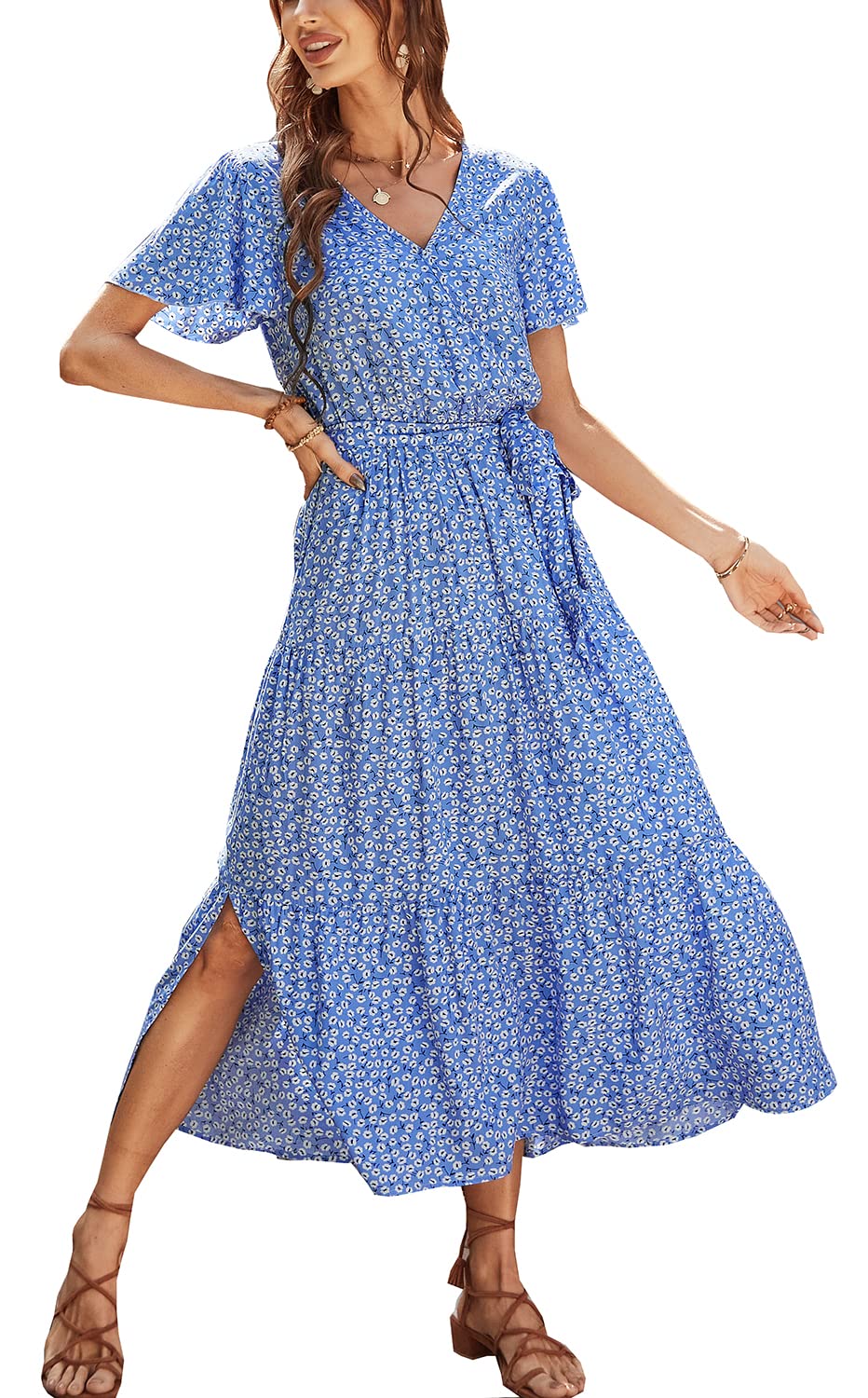 Women's Floral Boho Summer Dress - Short Sleeve Button Down V-Neck Midi Shirt Dress with Front Tie | Perfect for Beach Vacations, Music Festivals & Casual Outings