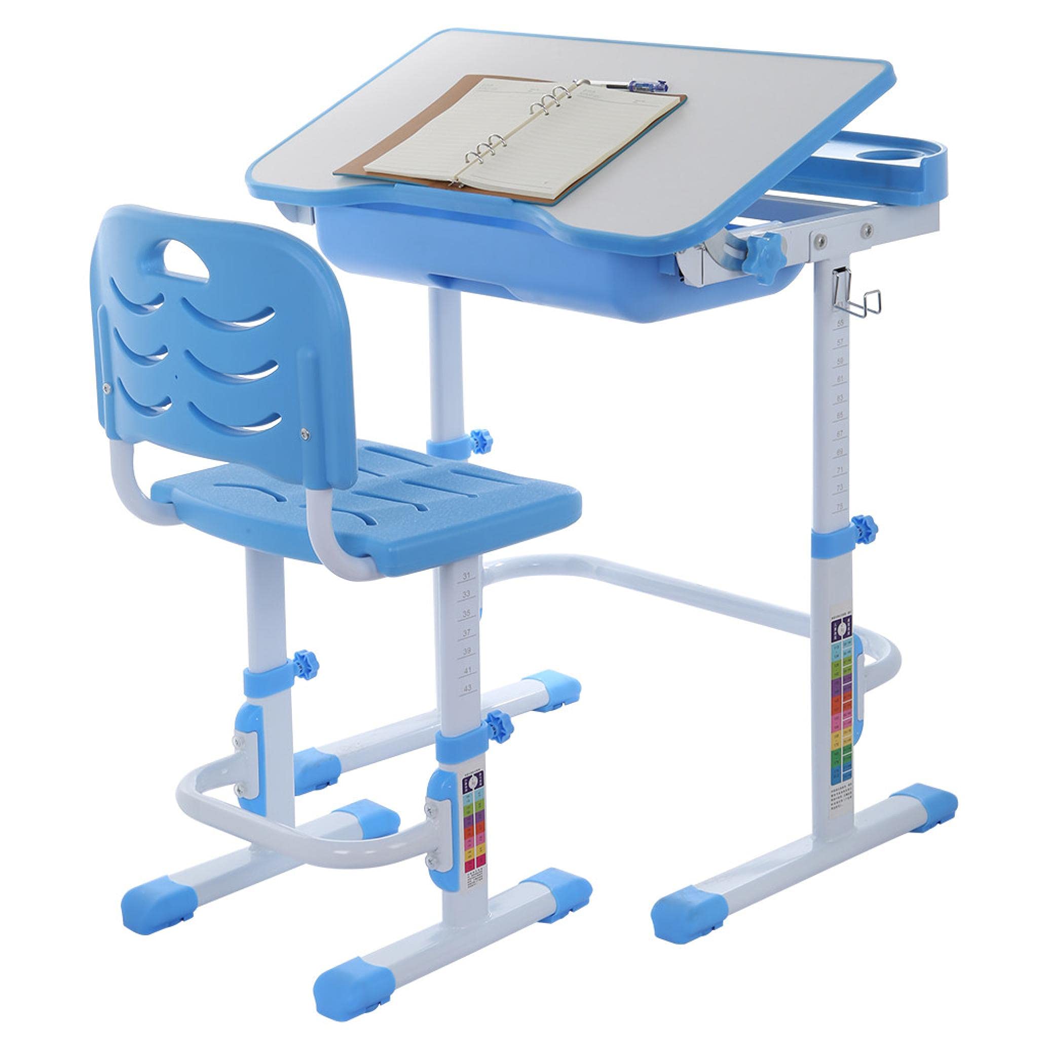 Adjustable Kids Desk and Chair Set - Ergonomic Study Table with Bookstand, Storage Drawer & Drawing Board - Blue Children's Learning Furniture for Homework, Art & Reading Activities