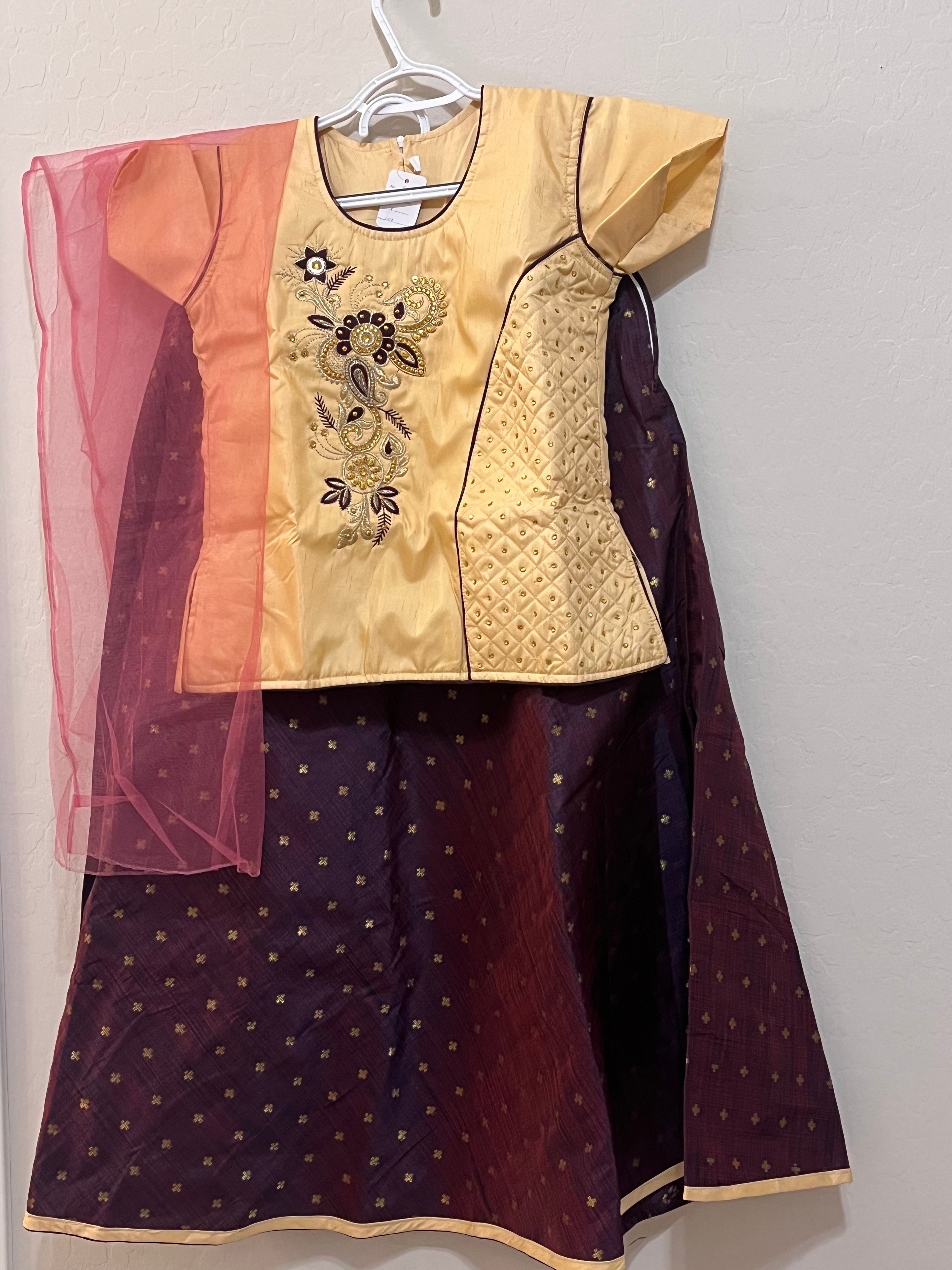 Elegant Beige & Burgundy Raw Silk Lehenga Set for Girls - Traditional Indian Party Dress for Weddings, Festivals & Special Occasions