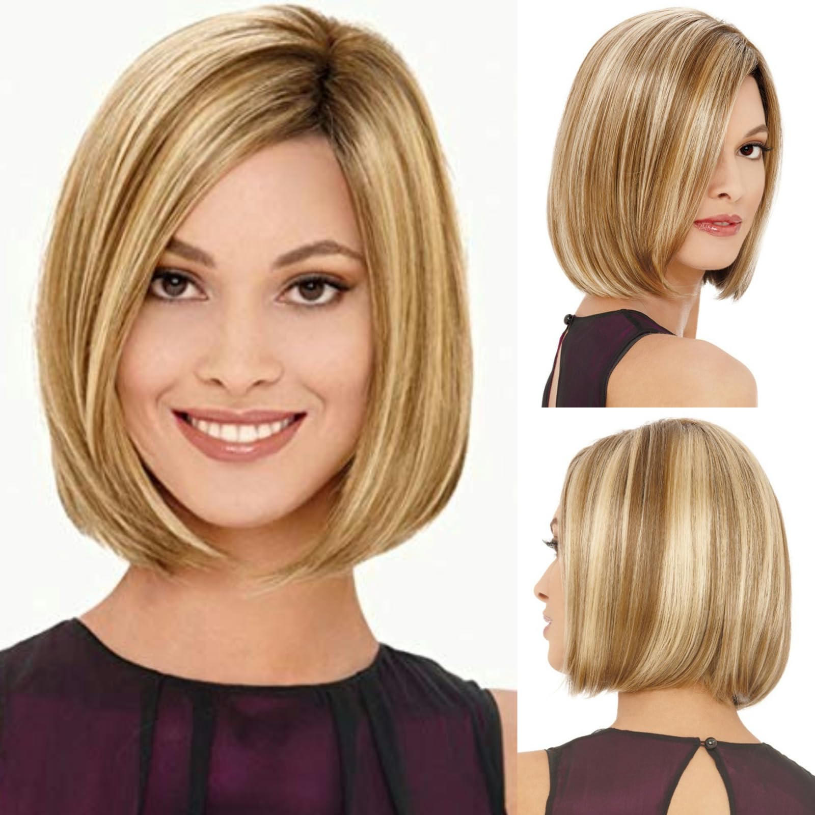 RENERSHOW 12 Inch Short Ombre Blonde Bob Wig for Women - Cute Straight Synthetic Pixie Cut Wig with Mixed Blonde Highlights | Perfect for Cosplay, Halloween, Daily Fashion & Hair Replacement