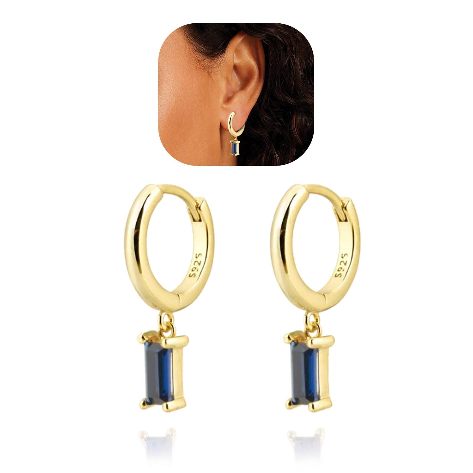 14K Gold Plated Baguette Drop Huggie Hoop Earrings for Women - Natural Crystal Dangle Earrings, Hypoallergenic Small Hoop Drop Earrings, Perfect Gift for Girls (Blue) | Everyday Wear, Parties & Special Occasions