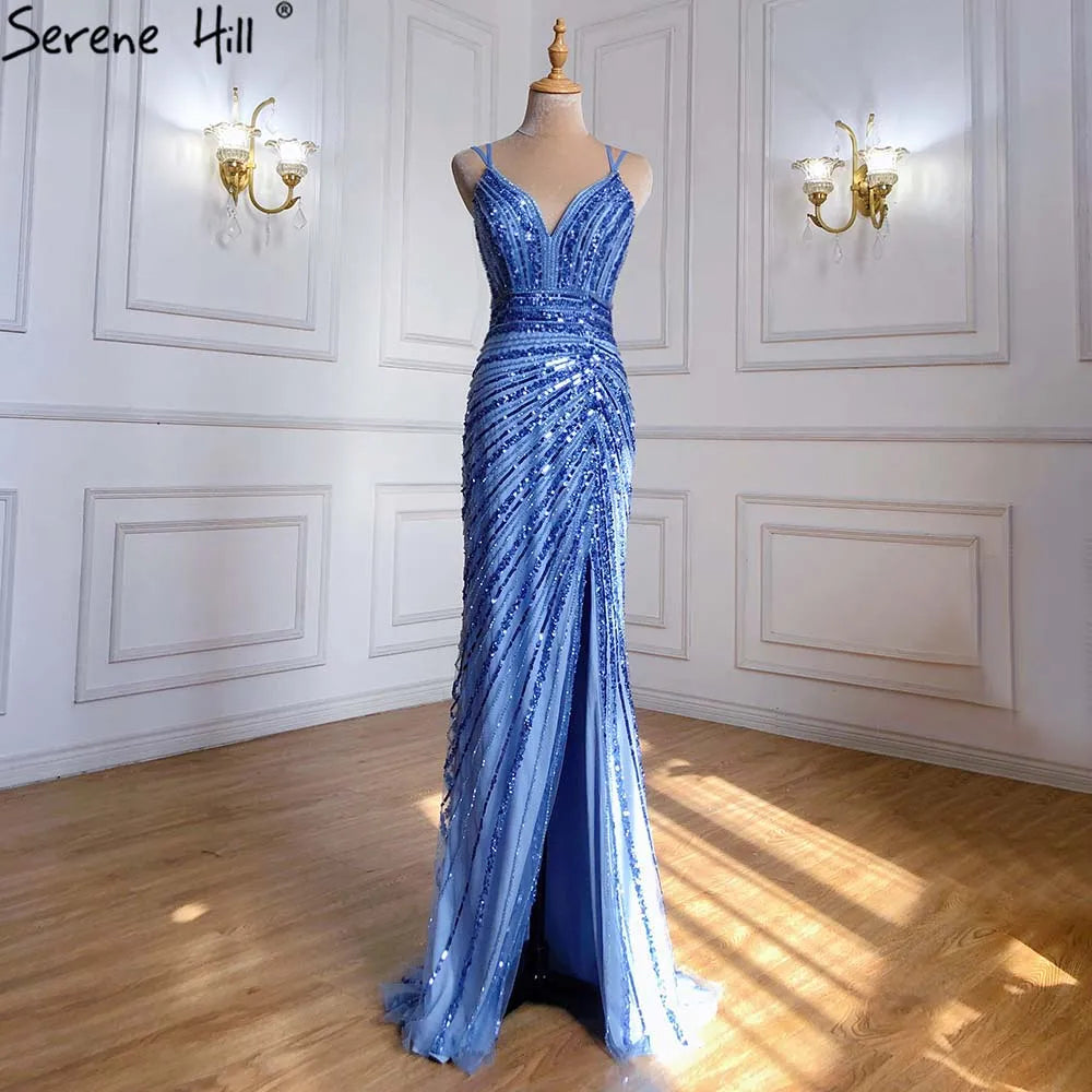 Elegant Beaded Green Spaghetti Strap Mermaid Evening Gown for Women - 2025 High Slit Party Dress LA71235 | Perfect for Prom, Wedding Guest & Formal Events