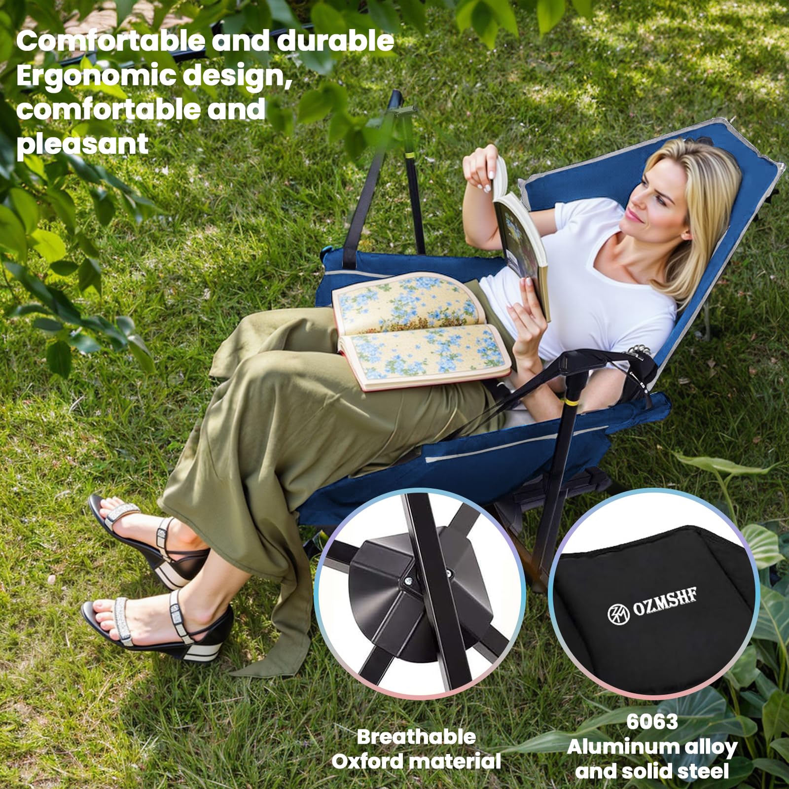 360 Degree Swivel Camping Chair - Portable Hammock Chair with Adjustable Backrest, Lightweight Aluminum Alloy Folding Rocking Chair for Outdoor, Beach, Lawn & Backyard Relaxation (Blue Grey) - Perfect for Camping Trips, Picnics, Beach Days and Backyard Lounging