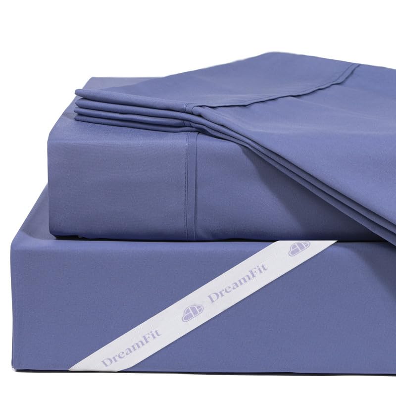 DreamFit DreamCool 100% Pima Cotton Sheets Set - 20 Inch Deep Pocket with Elastic Corner Straps - Made in USA - Full Size Luxury Bedding - Breathable & Cooling Blue Sheets - Perfect for Hot Sleepers & All-Season Comfort