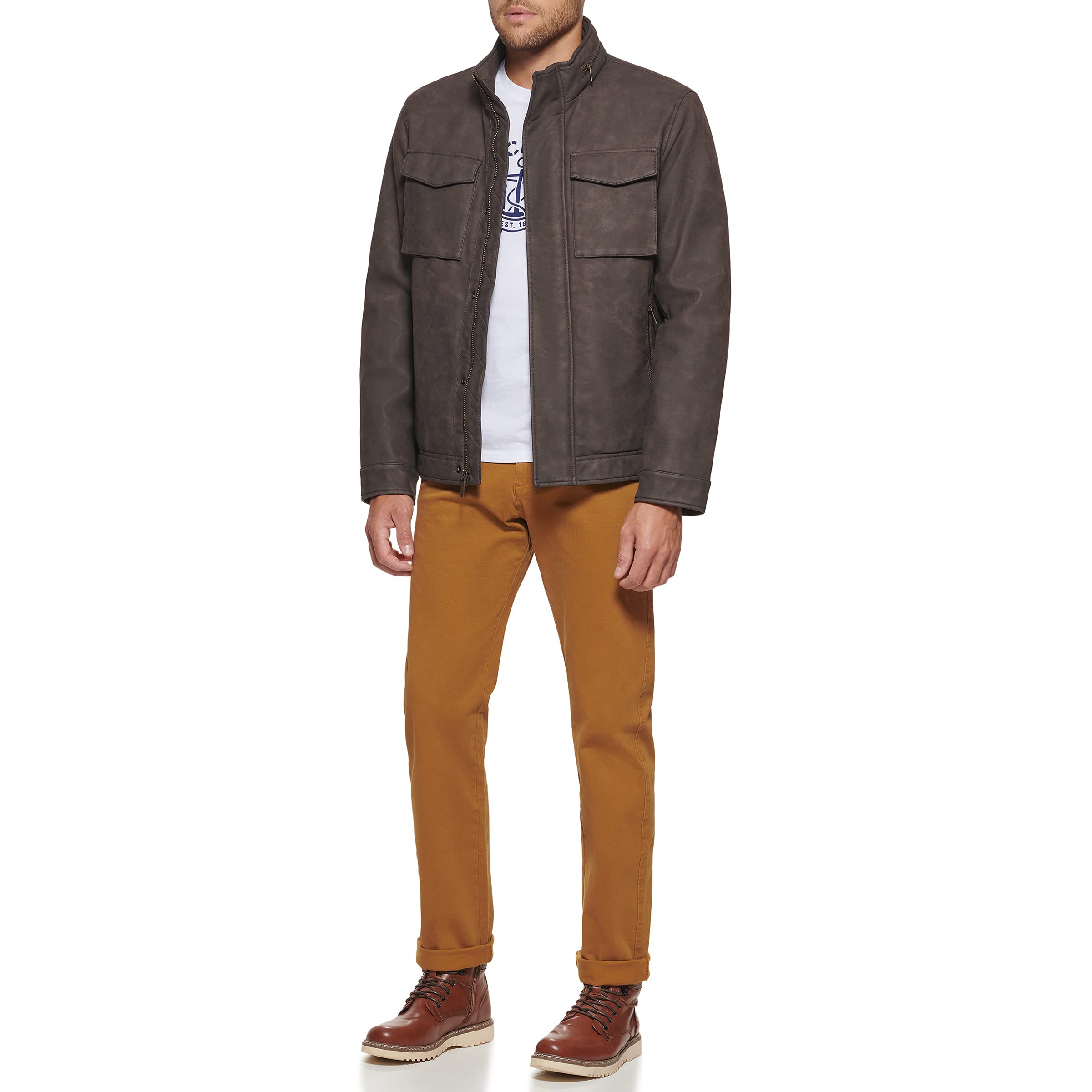 DOCKERS Men's Faux Leather Military Jacket - Stylish Waterproof Bomber Jacket for Men | Perfect for Outdoor Adventures, Casual Wear & Motorcycle Riding