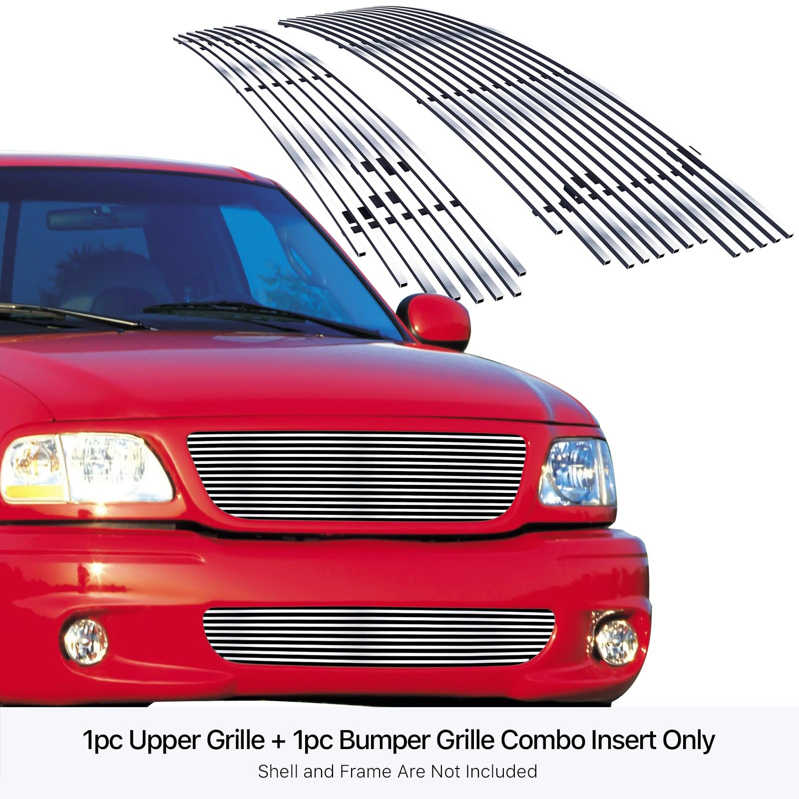 APS Chrome Billet Grille Insert Combo for Ford F-150 1999-2003 & Lightning - Upper/Lower Bumper Grill (N19-A23978F) | Heavy-Duty Protection & Custom Styling for Trucks