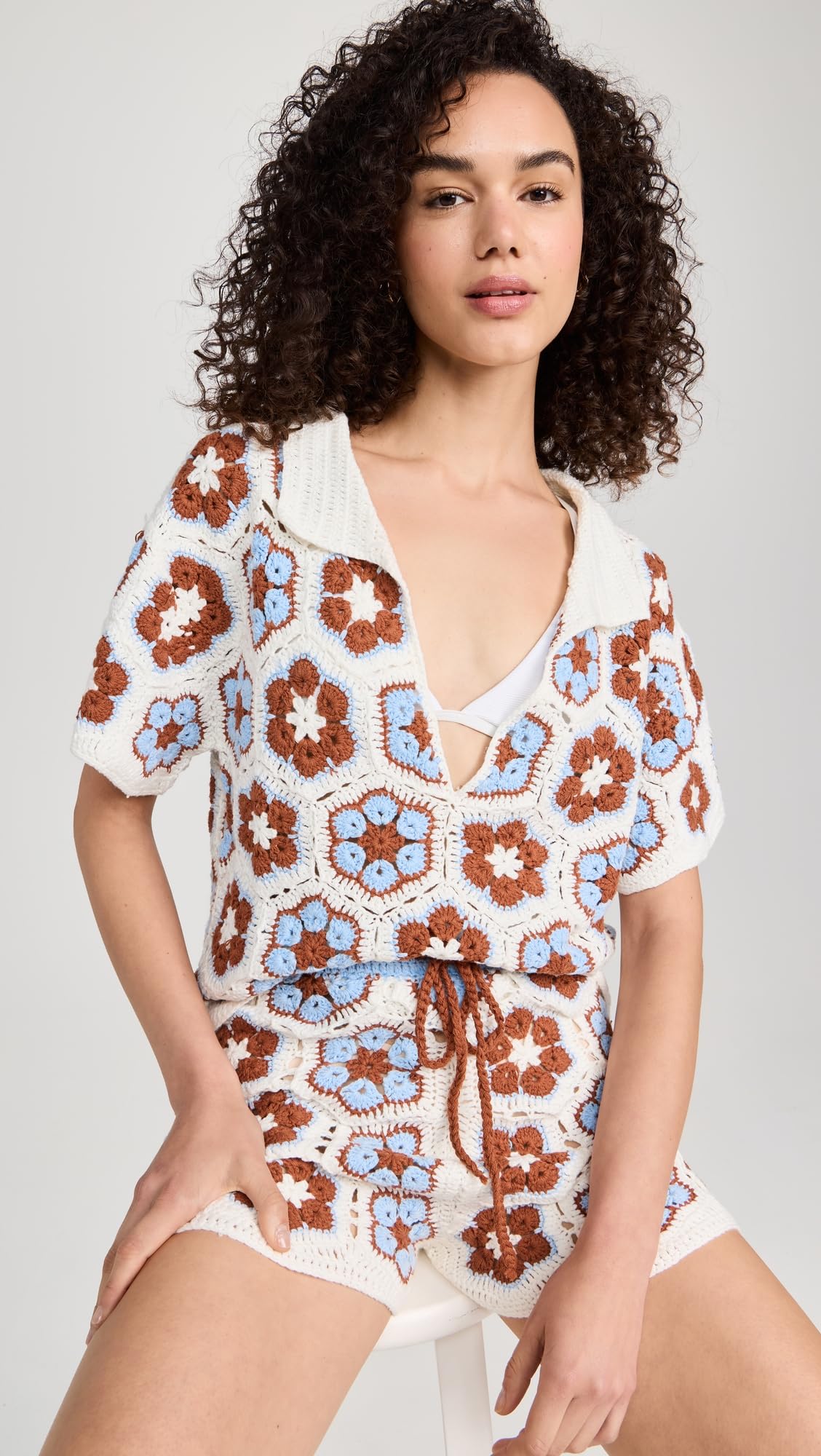 Women's Dawn Flower Crochet Shirt - Boho Lace Blouse for Summer Beach Vacation & Date Night Outfits