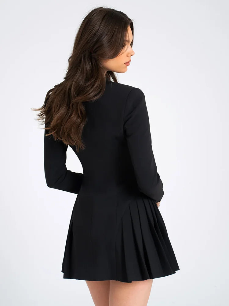 Fantoye Women's Deep V-Neck Single Breasted Pleated Blazer Mini Dress - Long Sleeve A-Line Office Dress for Autumn | Elegant Workwear & Business Casual Outfits