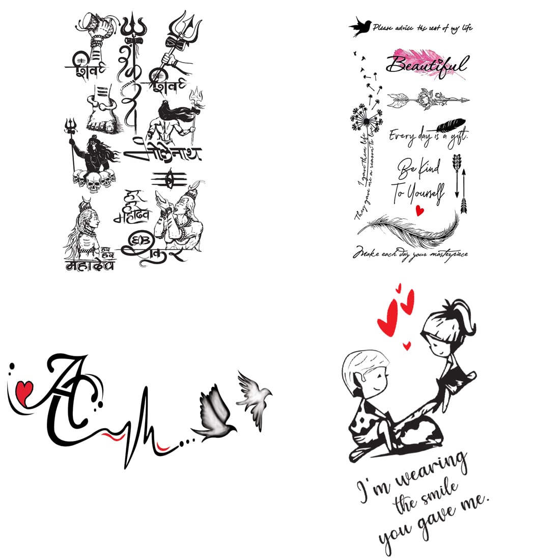 Cute Temporary Tattoo Stickers for Women & Men - 4 Pack Heart Line Art Designs (2x4 Inch) | Safe, Waterproof Body Art for Parties, Festivals & Everyday Fashion