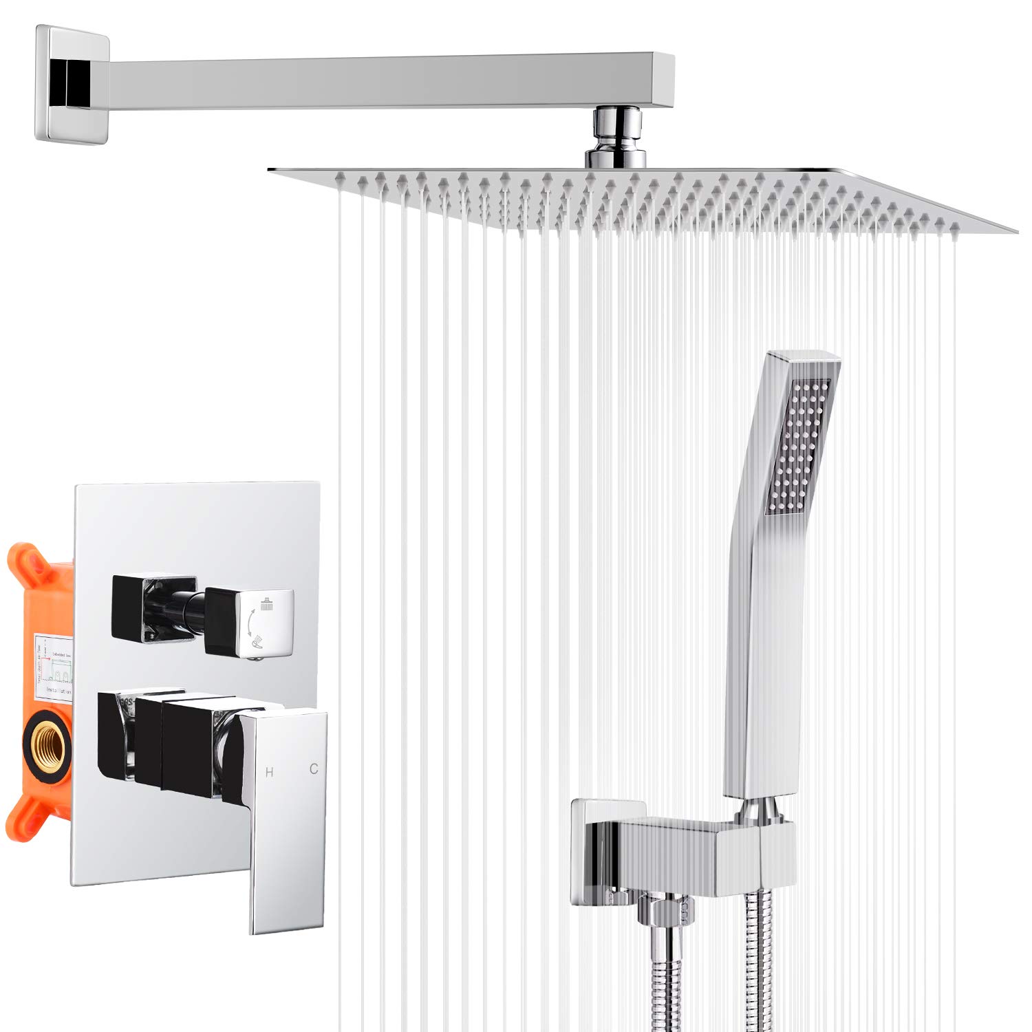 12 Inch Rain Shower Head with Handheld Sprayer - Wall Mounted Brass Pressure Balancing Shower Valve System in Chrome Finish (HGN) - Perfect for Bathroom Renovation & Luxury Spa Experience