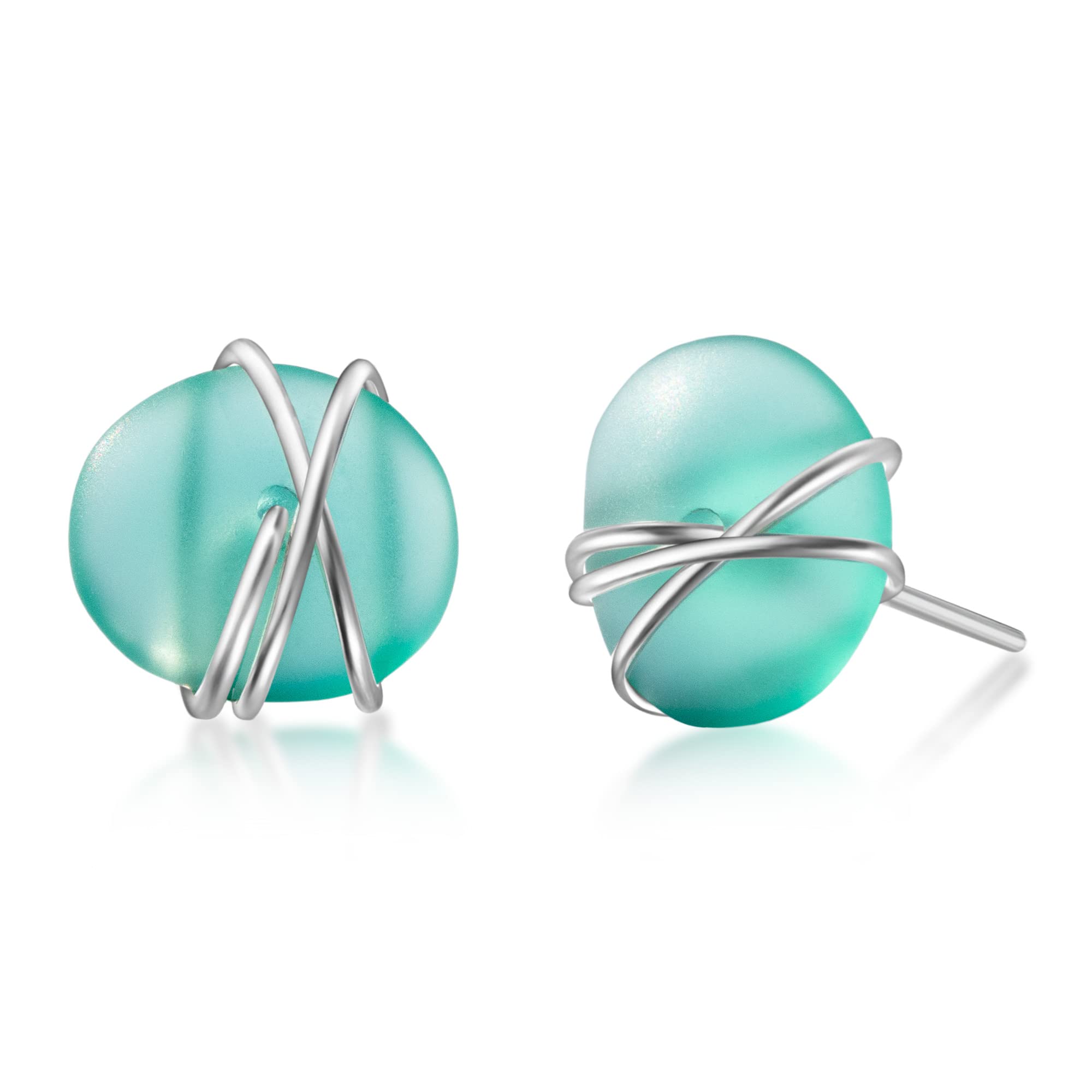 Hypoallergenic Sterling Silver Sea Glass Stud Earrings - Handmade Beach Glass Jewelry for Women & Girls (Large, Green) | Perfect for Beach Weddings, Summer Outfits & Boho Fashion Accessories