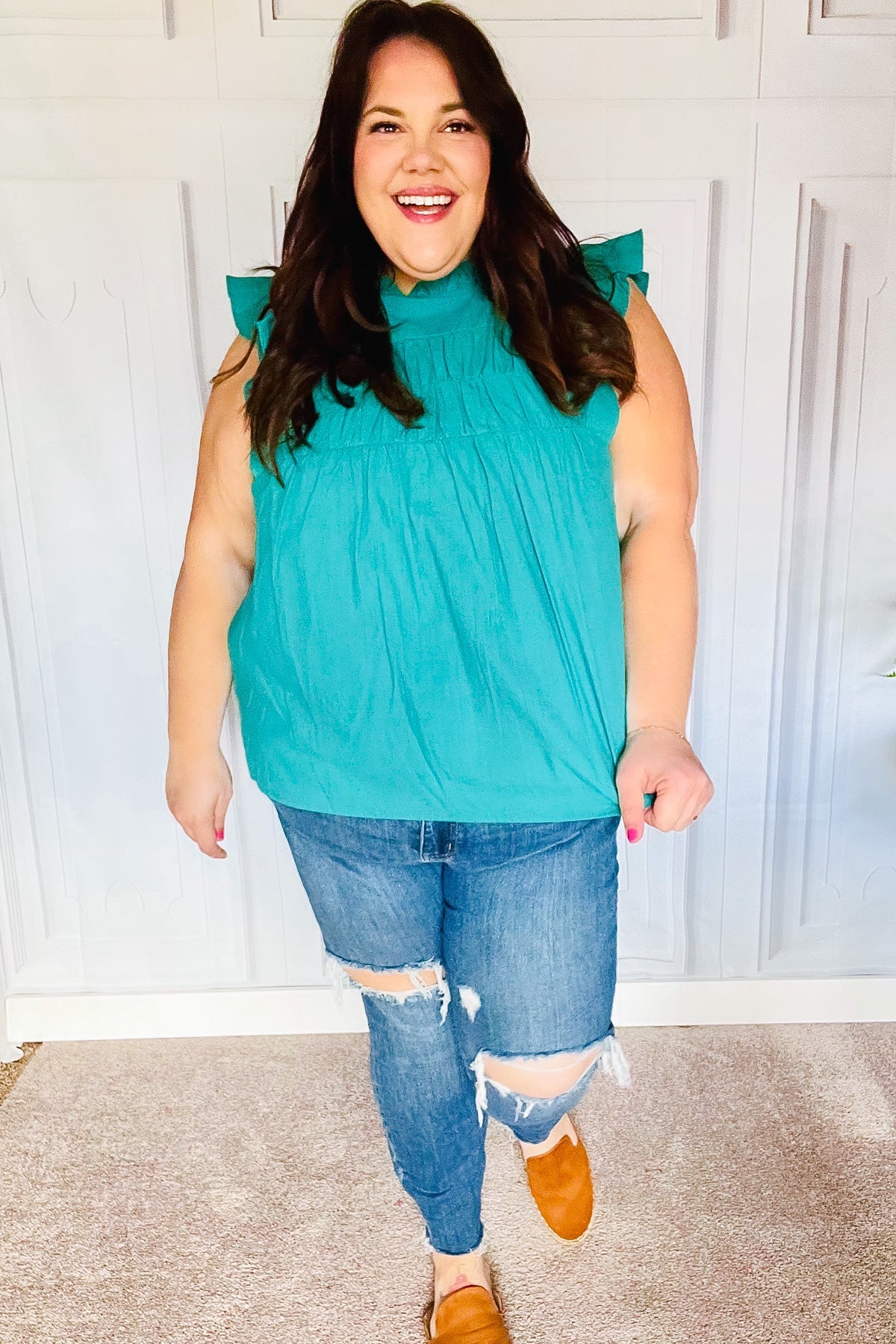 Stylish Turquoise Cotton Mock Neck Flutter Sleeve Blouse with Frill Details - Perfect for Date Nights, Office Wear & Summer Outfits