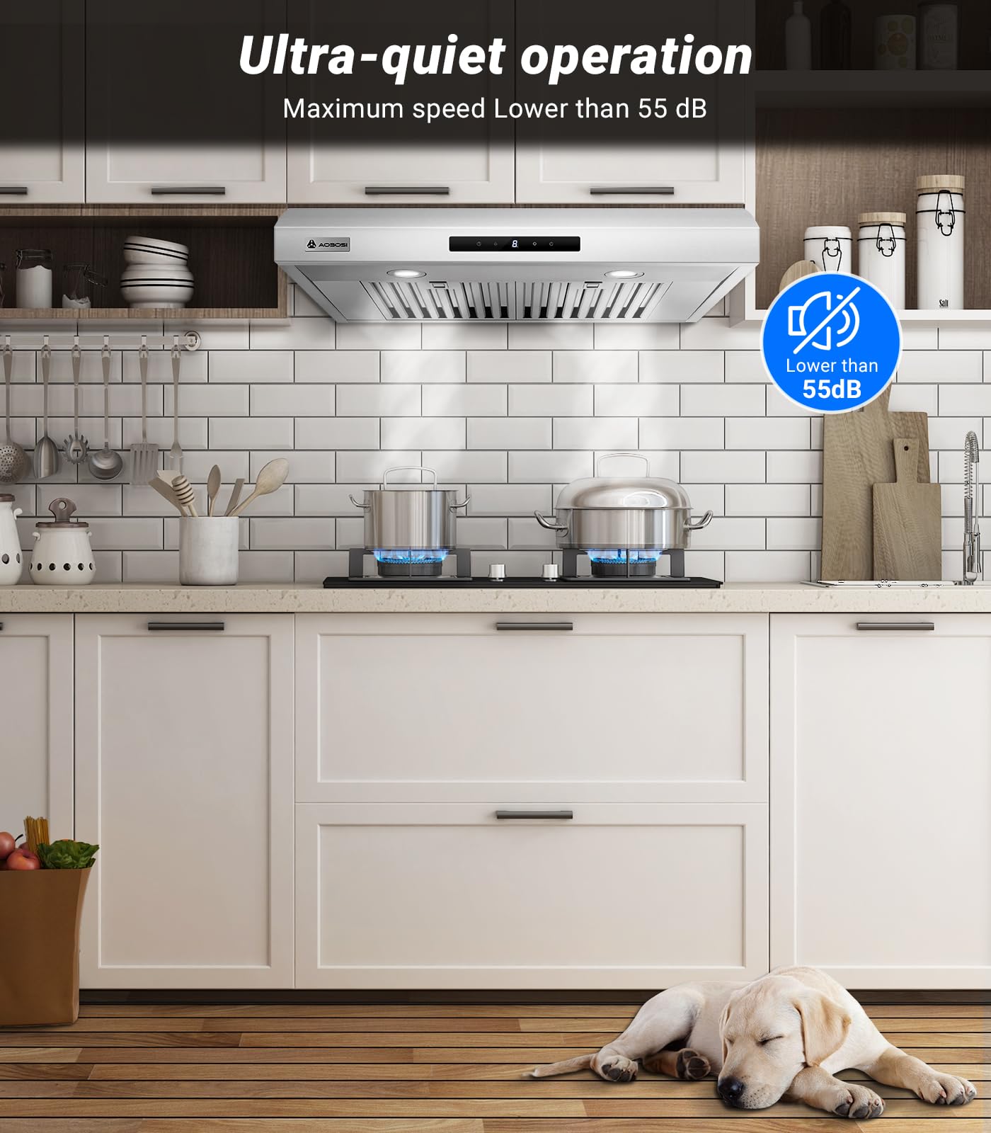 AAOBOSI 30 Inch Under Cabinet Range Hood with Wi-Fi - 3 Ventilation Modes, App & Touch Control, Ultra Quiet Operation, 3-Speed Exhaust Fan, LED Lights & Baffle Filters - Perfect for Modern Kitchens & Open-Concept Homes