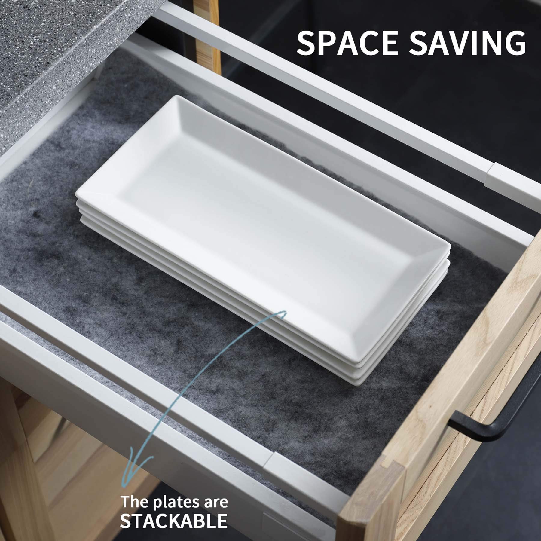 Sweese 12-Inch Porcelain Serving Tray - White Rectangular Platter for Sushi, Meat, Desserts & Cakes | Microwave & Dishwasher Safe Stackable Set of 4 | Perfect for Restaurants, Banquets, Parties & Home Entertaining