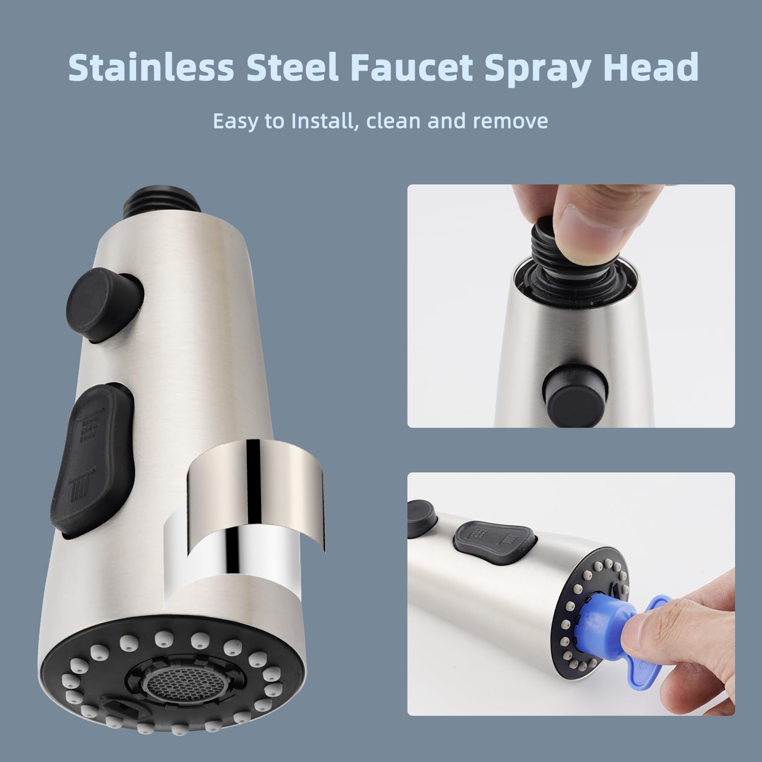 iFealClear Universal Pull Down Kitchen Faucet Spray Head Replacement - Brushed Nickel Finish, 3 Spray Modes, 15 Adapters - Compatible with Moen, Delta, American Standard Faucets - Perfect for Washing Dishes, Cleaning Sinks & Food Prep
