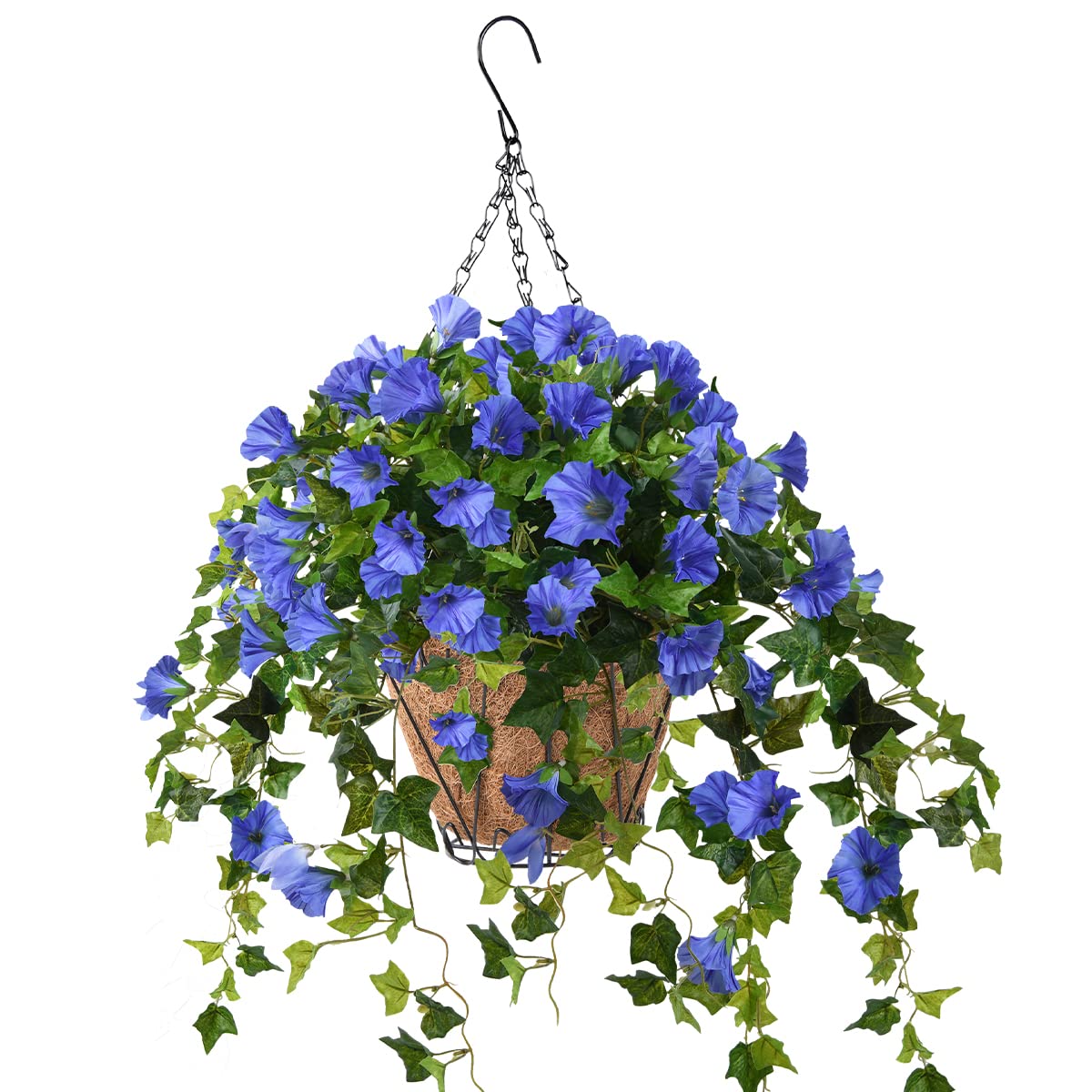 Artificial Silk Petunias Hanging Basket with Coconut Lining - Blue Outdoor/Indoor Decorative Hanging Plant for Patio, Garden, Lawn & Home Decor | Perfect for Porch, Balcony & Wedding Decorations