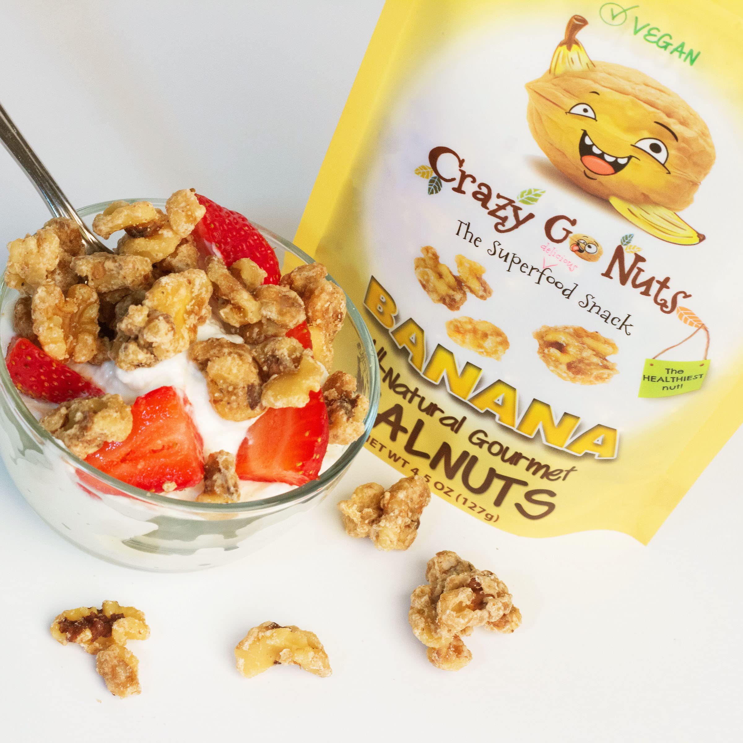 Crazy Go Nuts Banana Flavored Walnuts - 4.5 oz (3-Pack) | Healthy Vegan Snacks, Gluten Free Superfood | Non-GMO, Rich in Omega 3, ALA & Antioxidants | Perfect for On-the-Go, Office & Post-Workout Nutrition