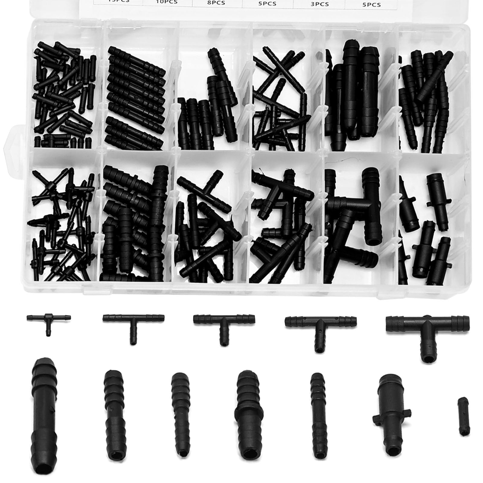 113-Piece Vacuum Fittings Assortment Kit - Black Nylon Vacuum Connectors with Heat Resistance up to 460°F (240°C) - Includes 12 Sizes of Tee Connectors for HVAC, Automotive & Industrial Applications