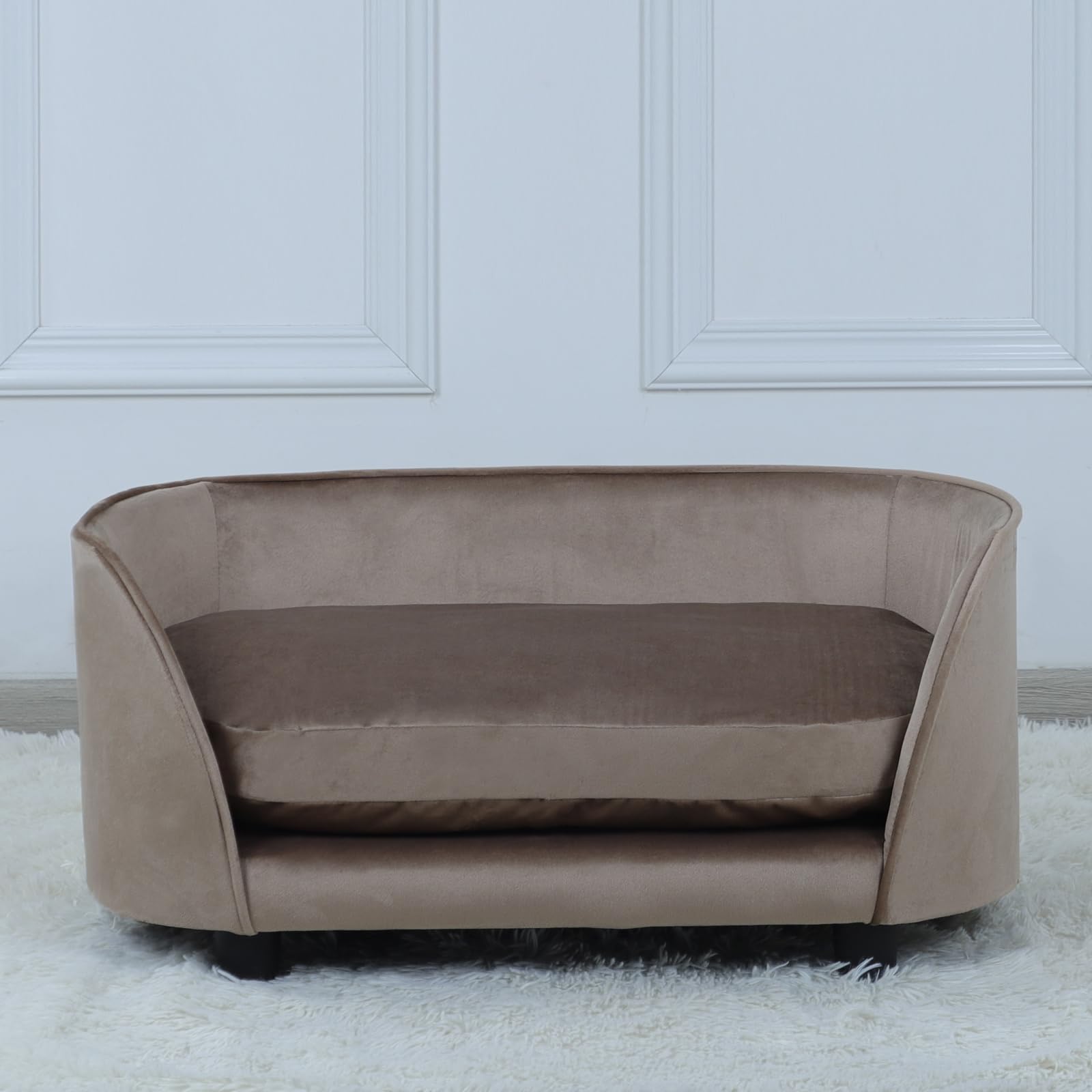 Premium Wooden Frame Velvet Pet Sofa Bed - Washable Cushion Comfy Cat & Small Dog Couch for Puppies - Cozy Pet Furniture for Living Room, Bedroom & Home Decor (Brown)
