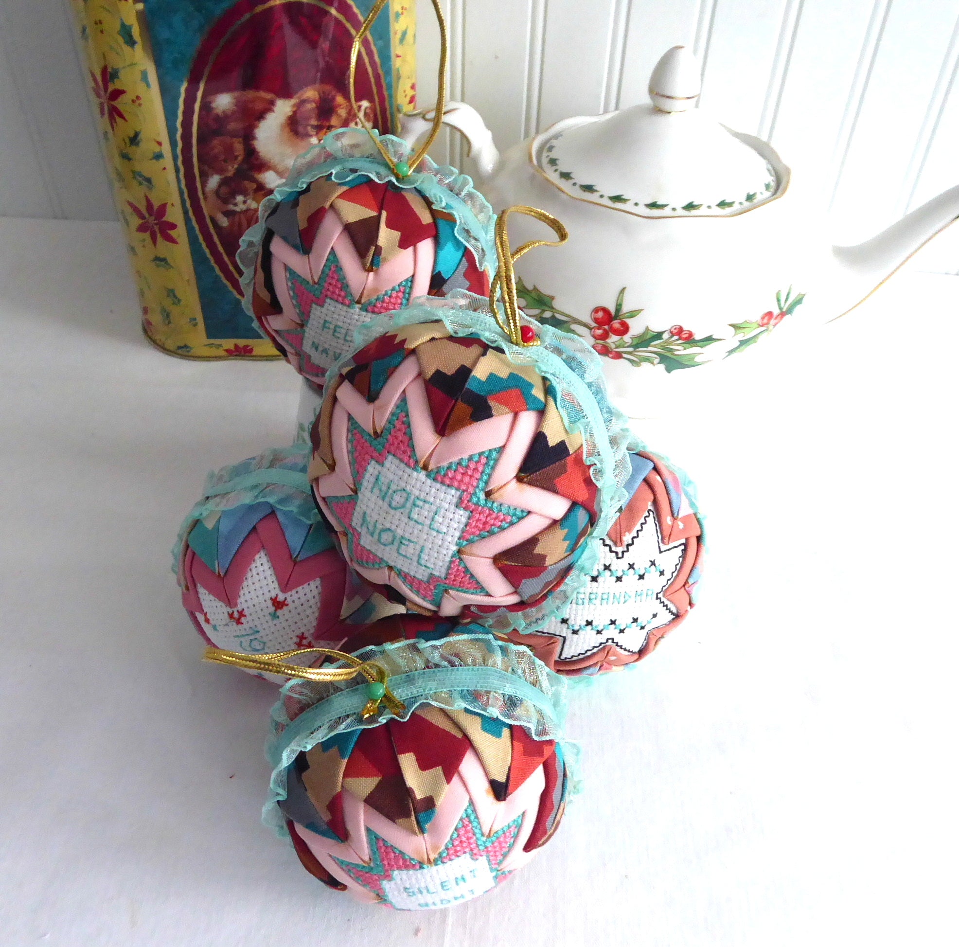 Handmade Cross Stitch Christmas Ornaments Set of 5 - Aqua, Salmon Pink & Burgundy Patchwork Decorations for Holiday Tree, Gift Giving & Festive Home Decor