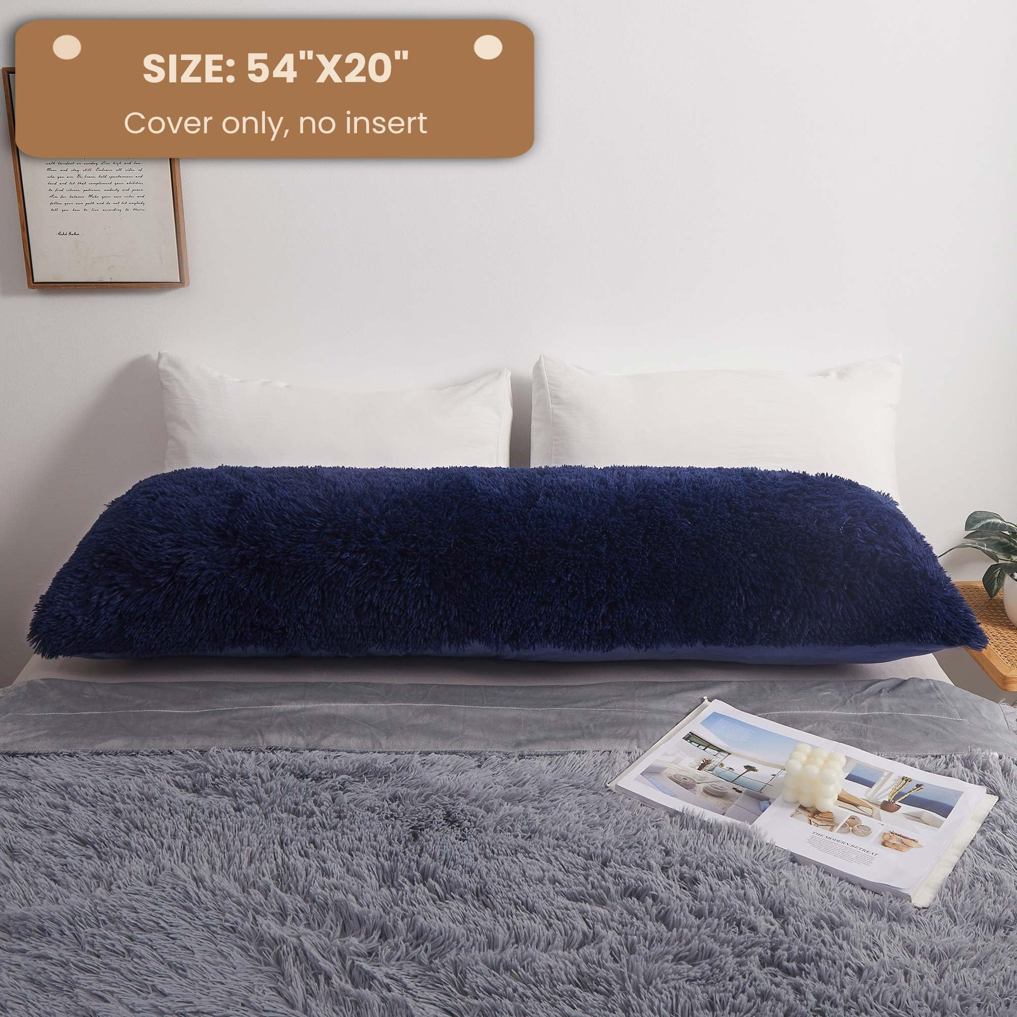MEGO Dark Blue Faux Fur Shaggy Plush Body Pillow Cover - 20x54 Inches Fluffy Long Pillowcase with Zipper for Bed, Couch & Living Room - Ultra Soft Fuzzy Throw Pillow Sham for Cozy Home Decor & Relaxation
