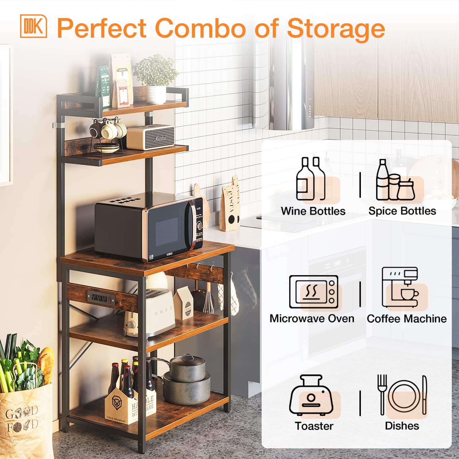 5-Tier ODK Bakers Rack with Power Outlet & Storage - Rustic Brown Kitchen Shelf (16.5x23.6x59 inches) - Perfect for Coffee Bars, Microwave Stands & Small Kitchen Organization