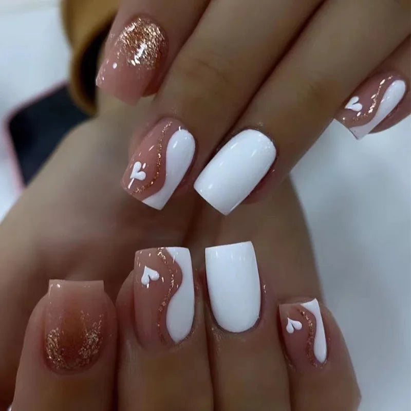 24Pc Square French Fake Nails with Heart Love Designs - Glossy White & Pink Press on Nails | Full Cover False Nails for Valentine's Day | Perfect for Parties, Weddings & Special Occasions