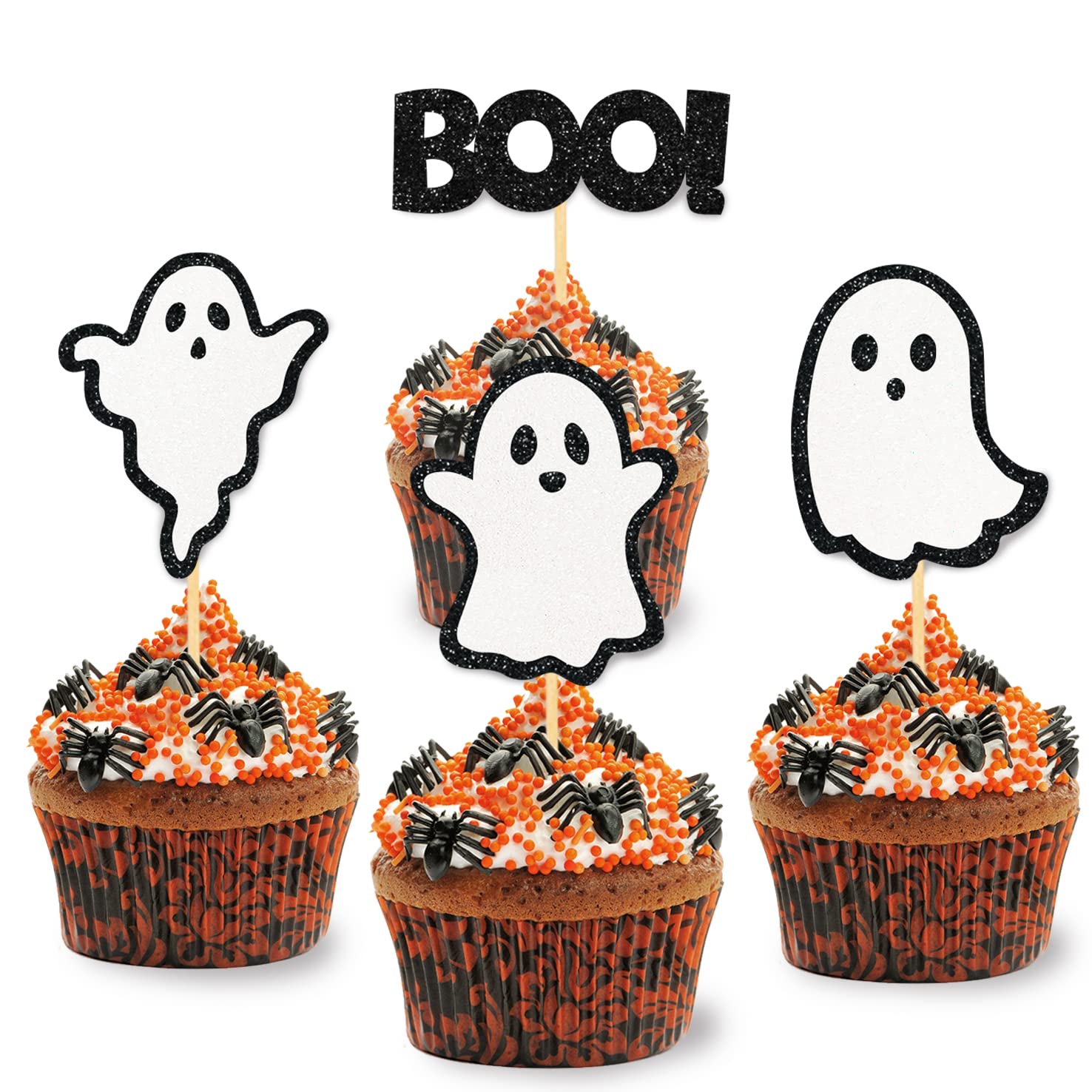24 Pack Glitter Halloween Ghost Cupcake Toppers - Spooky Party Decorations for Baby Shower, Gender Reveal & Halloween (Black) - Perfect for Cupcakes, Cakes & Dessert Displays