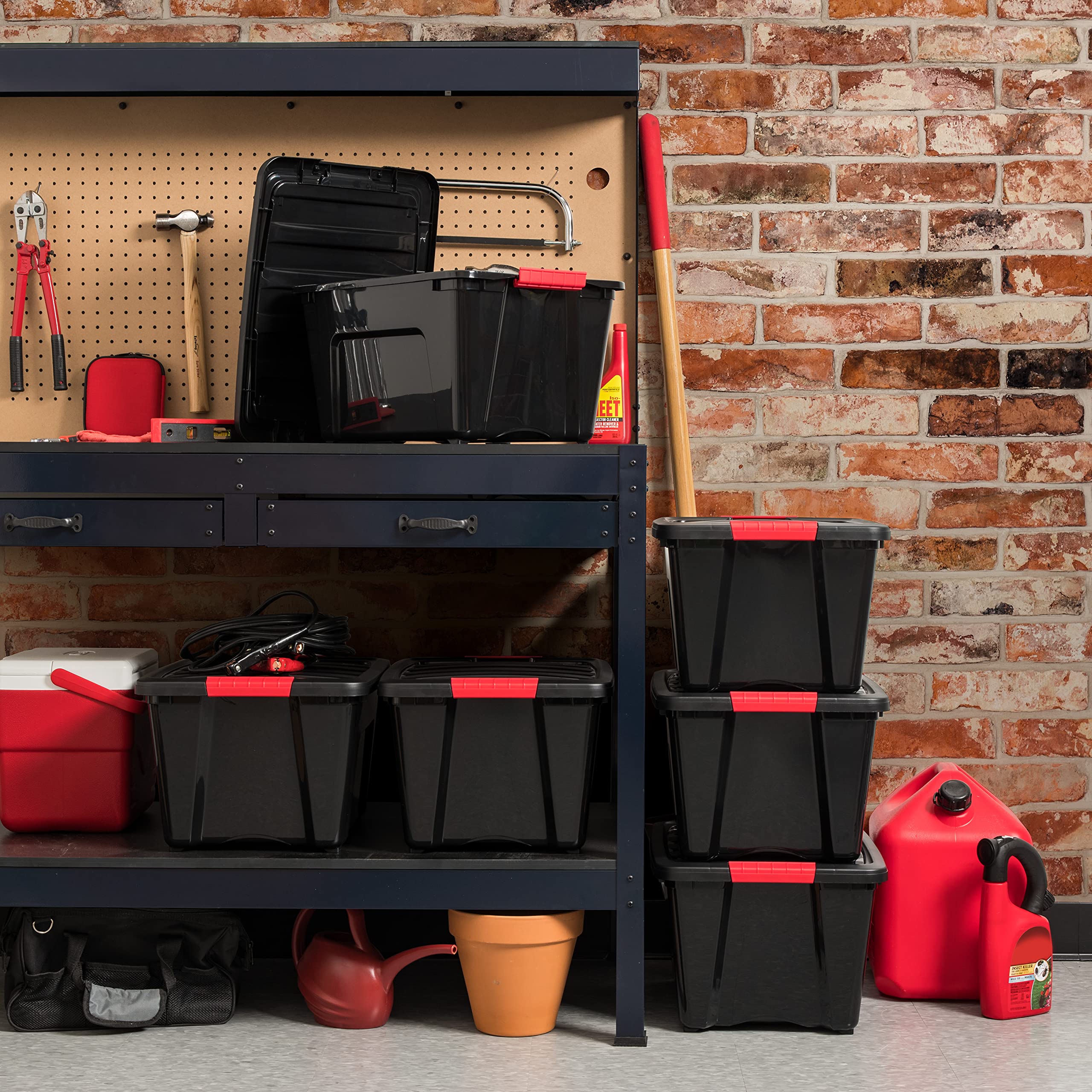 IRIS USA 32 Qt Stackable Plastic Storage Bins with Lids, 6 Pack - BPA-Free, Made in USA - Durable Nestable Containers for Garage, Closet & Home Organization - Secure Pull Handle & Latches - Black - Perfect for Storing Toys, Tools & Seasonal Items