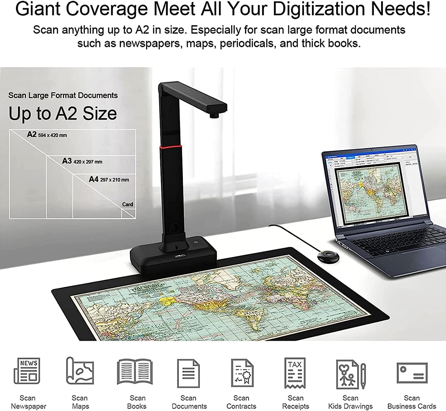 23MP High-Speed Book & Document Scanner with A2/A3 Large Format - Auto Flatten & Fingerprint Removal - Multi-Language OCR Support for PC & Mac - Perfect for Office, Library & Archiving Documents