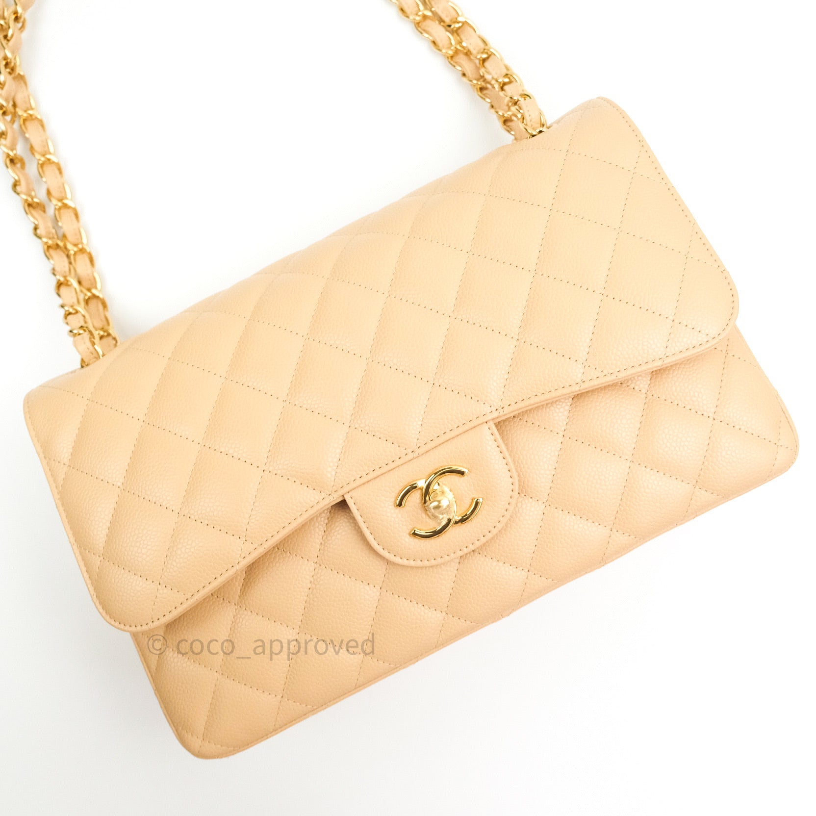 Chanel Classic Jumbo Double Flap Bag Beige Caviar Leather with Gold Hardware - Luxury Designer Handbag for Women, Perfect for Parties & Special Occasions