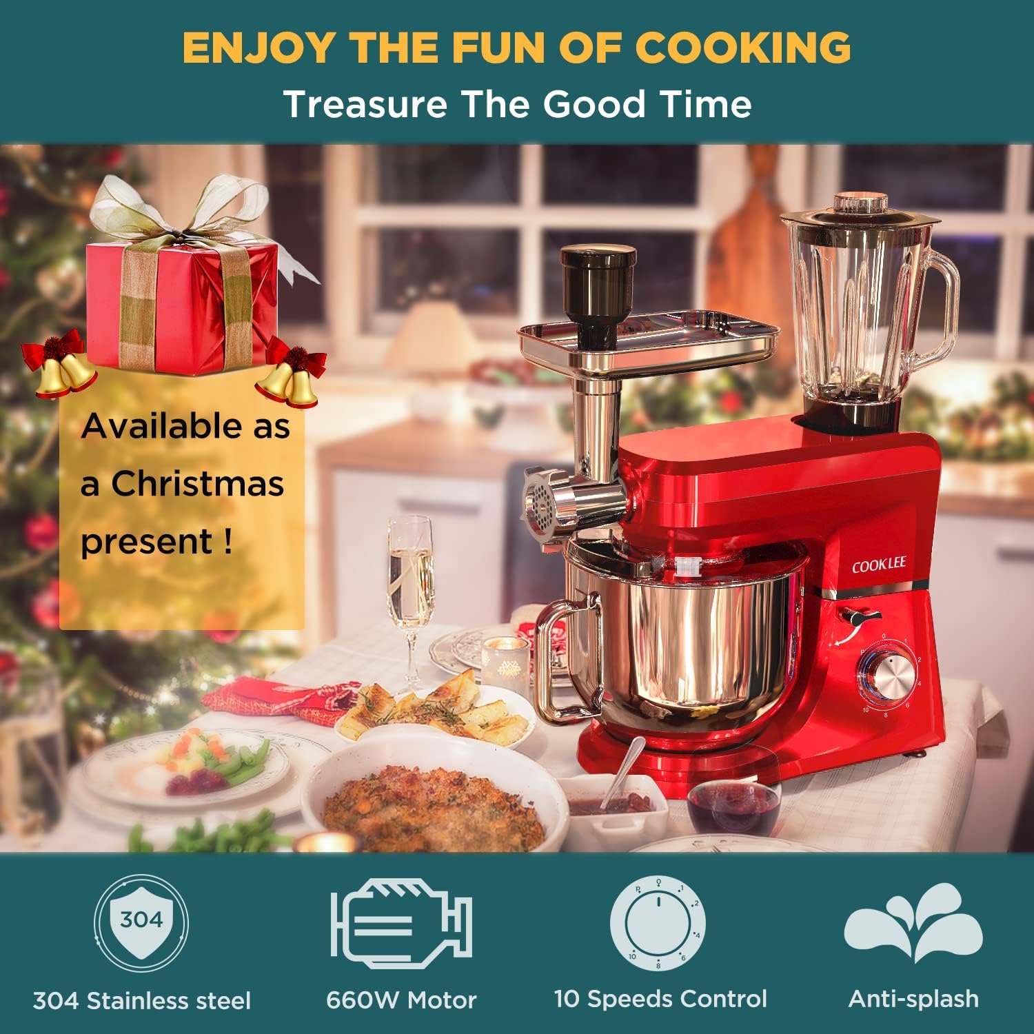 COOKLEE 6-in-1 Stand Mixer 8.5 Qt - Powerful Electric Kitchen Mixer with 9 Attachments for Baking, Whipping & Kneading - Perfect for Home Bakers & Cooking Enthusiasts (SM-1507BM, Ruby Red) - Ideal for Making Cakes, Cookies, Bread & More