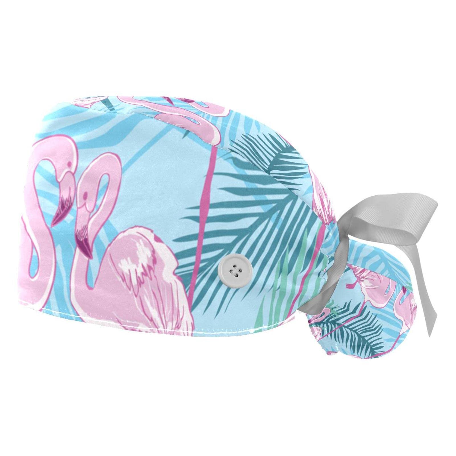 Flamingo Print Scrub Hats for Women & Men - 2 Pack Surgical Caps with Button Closure & Sweatband for Long Hair - Comfortable Unisex Tie Back Medical Hats for Nurses, Doctors & Healthcare Workers