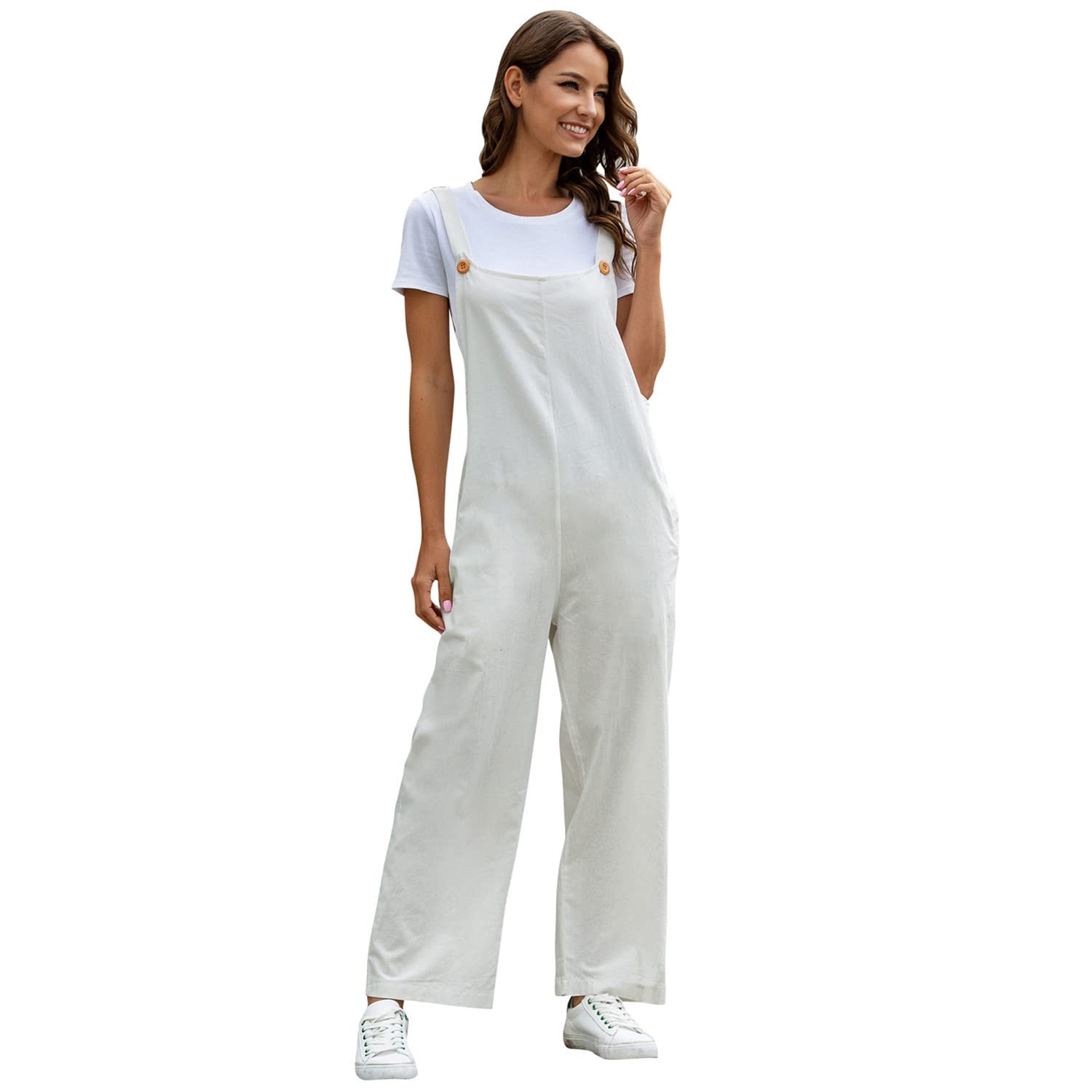 Women's Adjustable Strap Cotton Romper Jumpsuit - Summer Casual Loose Fit Overalls with Pockets, Long Bib & Wide Leg Pants | Perfect for Beach Outings, Picnics, and Everyday Wear