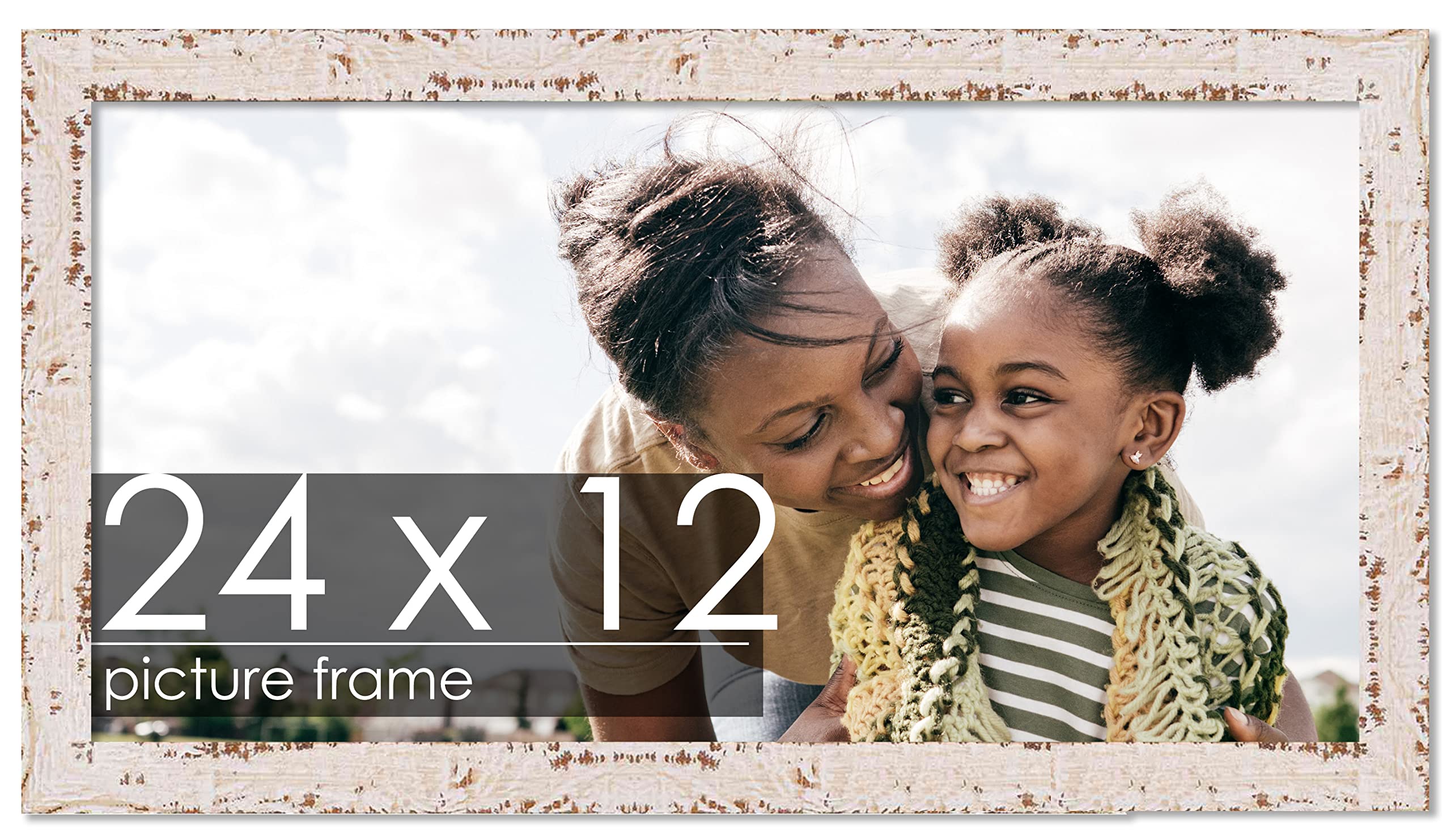 Shabby Chic White Wood Picture Frame 12x24 Inch - Farmhouse Style Poster Frame with UV Protective Acrylic, Foam Board Backing & Hanging Hardware - Perfect for Wall Art, Home Decor, and Gallery Displays