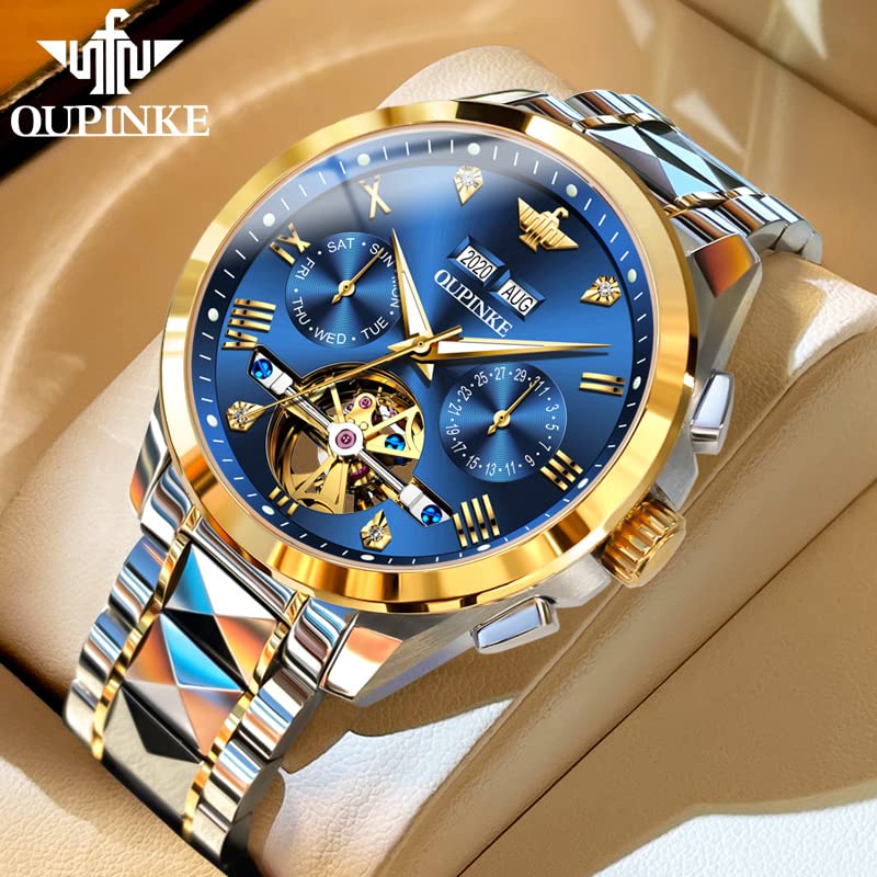 OLEVS Automatic Skeleton Men's Luxury Watch - Mechanical Self-Winding Sapphire Crystal Tungsten Steel Wristwatch - 50M Waterproof & Luminous - No Battery Needed - Perfect for Business, Formal Events & Everyday Wear