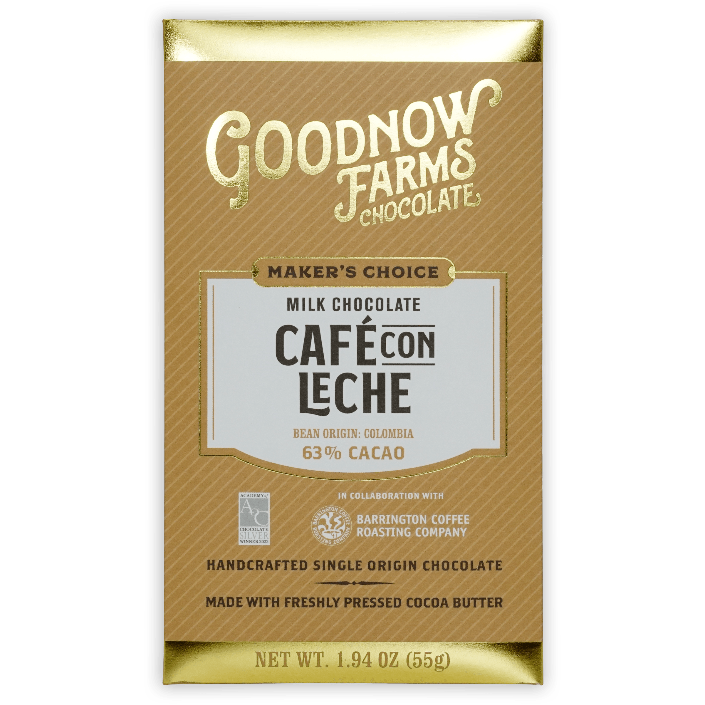 Goodnow Farms Cafe Con Leche 63% Dark Chocolate Bar - Premium Artisan Chocolate for Gifting, Baking & Coffee Pairing