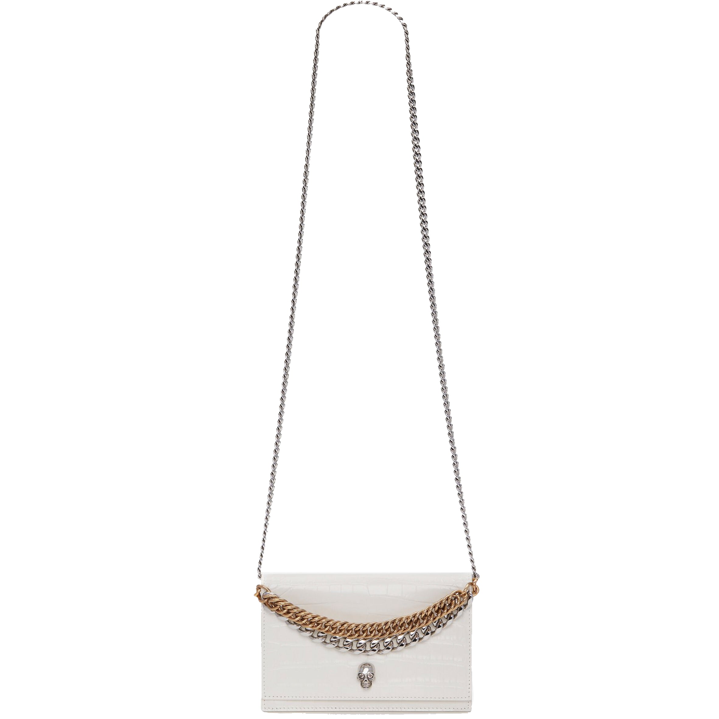 Skull Mini Bag with 2 Chains & Croc Embossed Design - Soft Ivory Crossbody Purse for Women | Perfect for Parties, Concerts & Night Out