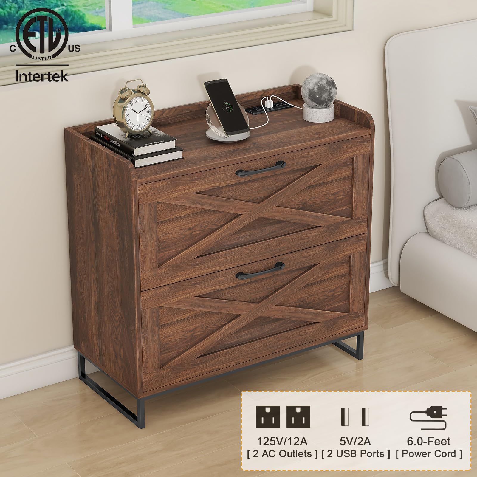 2-Drawer Lateral File Cabinet with Charging Station - Letter/Legal/A4 Size Hanging Files - Wood Office Storage Cabinet & Printer Stand - Dark Walnut - Perfect for Home Office Organization & Workspace Efficiency