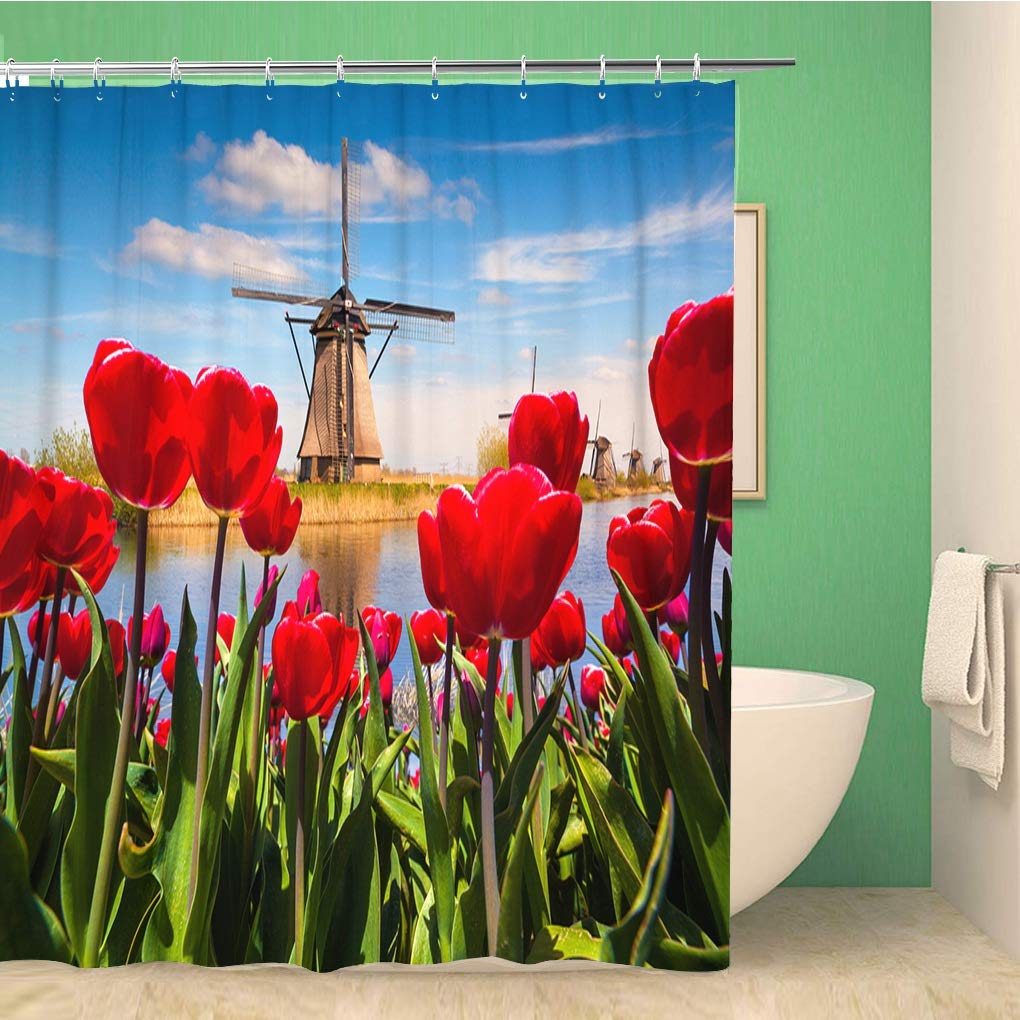 Dutch Windmill & Red Tulip Shower Curtain - Waterproof 66x72 Inch Bathroom Decor with Hooks - Sunny Polyester Fabric for Vintage & Floral Theme Bathrooms - Perfect for Farmhouse, Cottage, or European Style Homes