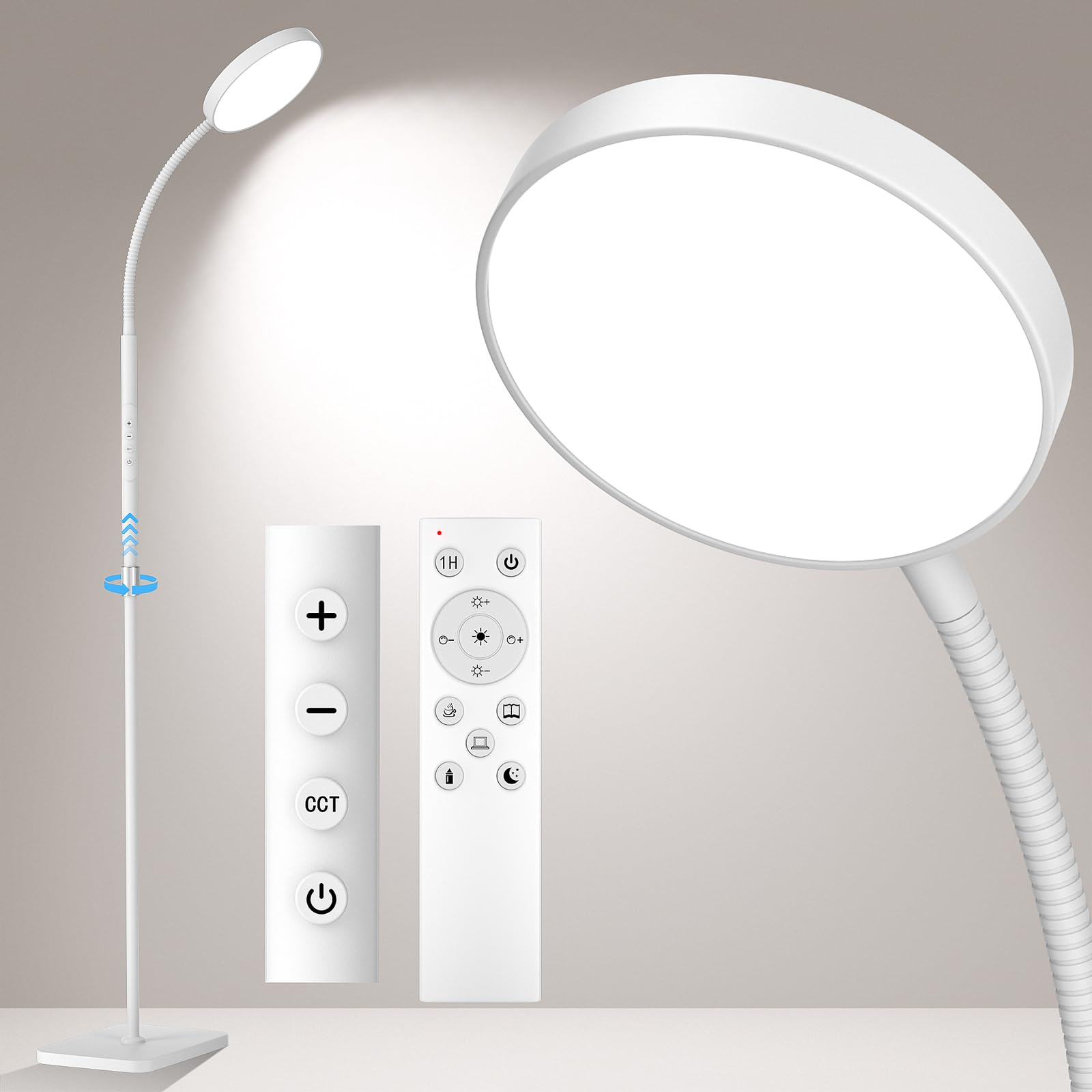 Adjustable LED Floor Lamp with Remote & Touch Control - Super Bright Standing Light for Living Room & Bedroom - Dimmable Color Changing Lamp with Timer - Perfect for Reading, Relaxing & Home Decor (White)