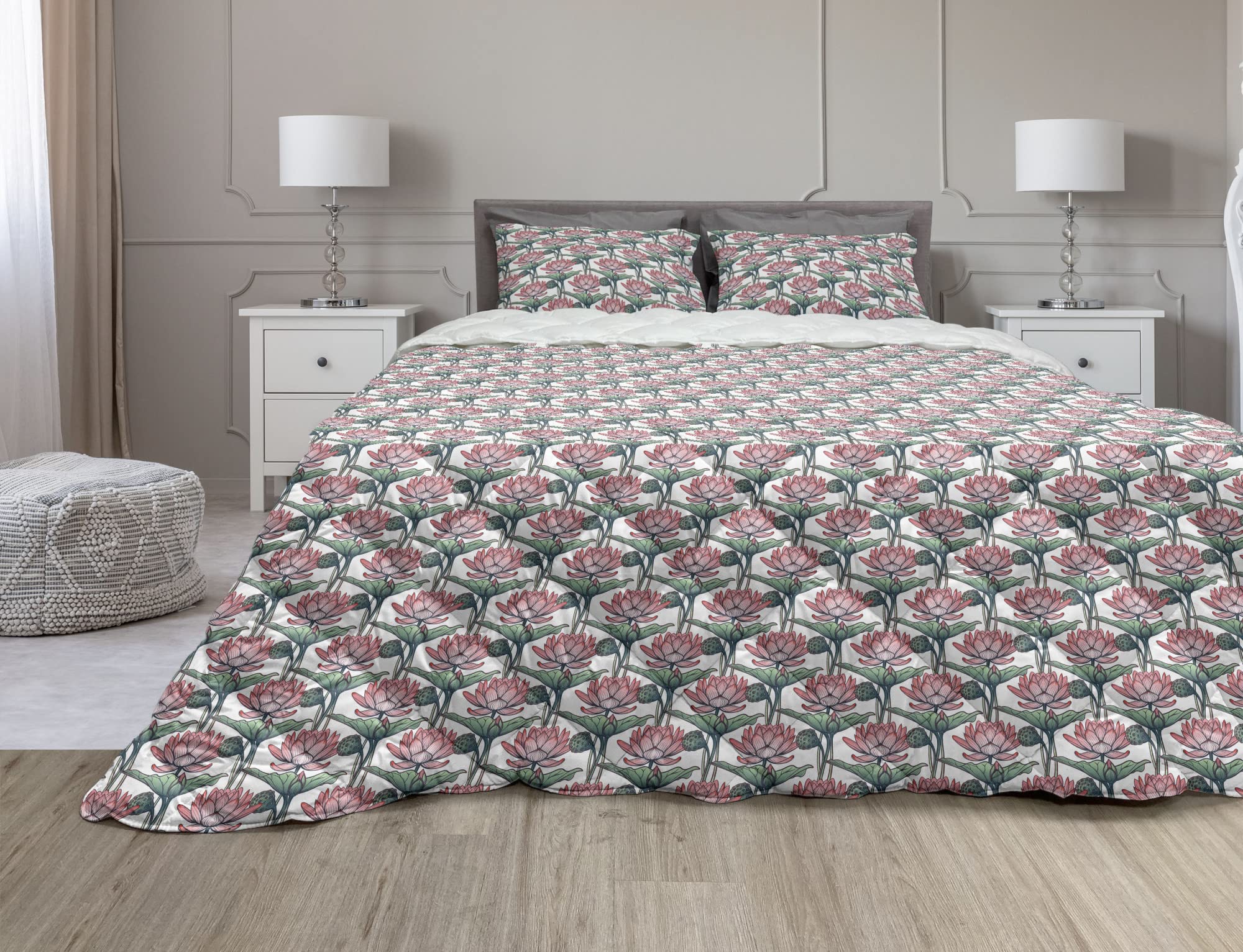 Ambesonne Botanical Comforter & Sham Bedding Set - Lotus Flower Print Microfiber Duvet Cover Twin Size, Rose Laurel Green White | Nature-Inspired Bedroom Decor for Home, Guest Room & Dorm