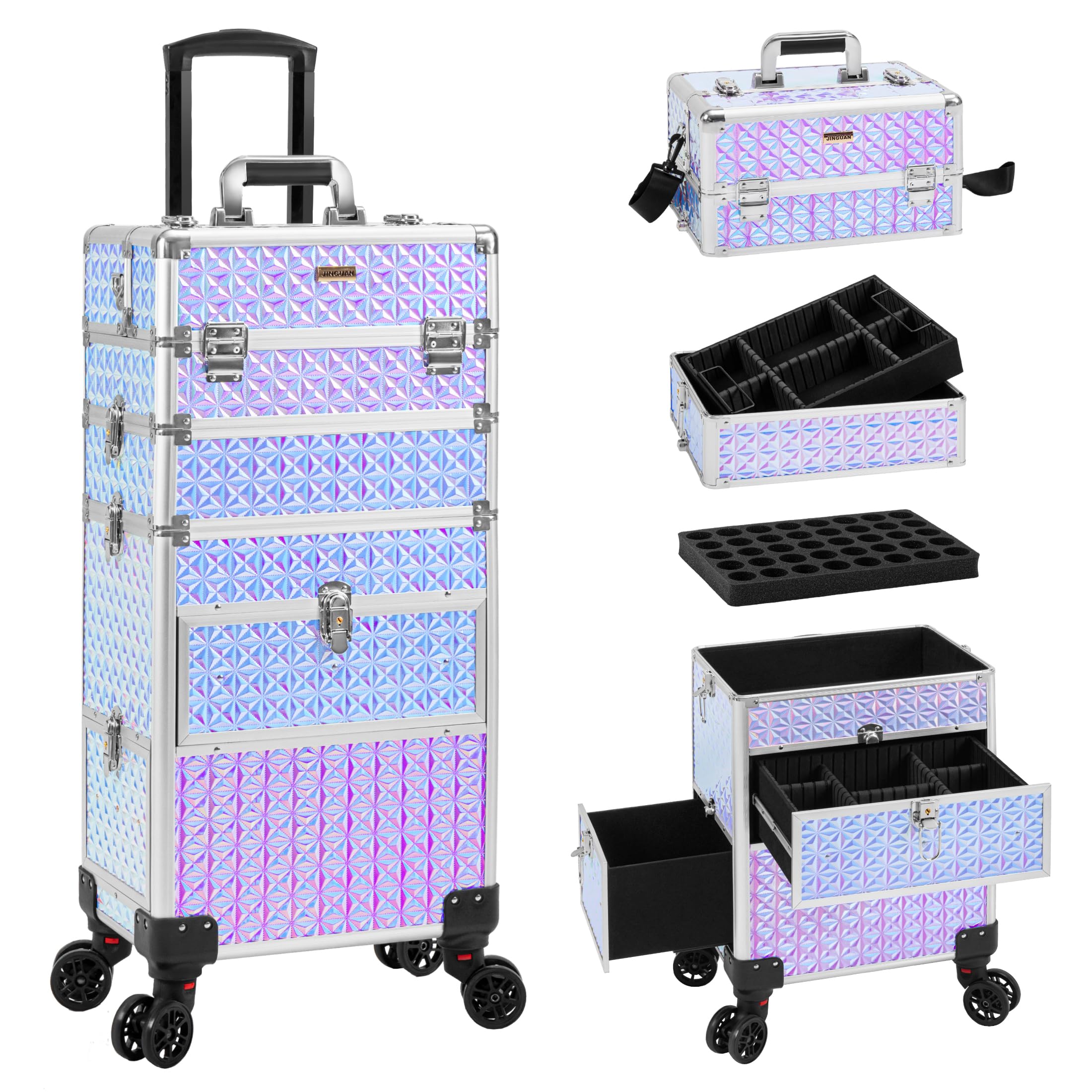 4 in 1 Rolling Makeup Case with Drawers - Multi-functional Cosmetic Trolley with Wheels & Lock - Large Storage Travel Cart for Nail Technicians, Makeup Artists & Hairstylists (Silver) - Perfect for Salon, Travel & Professional Makeup Organization