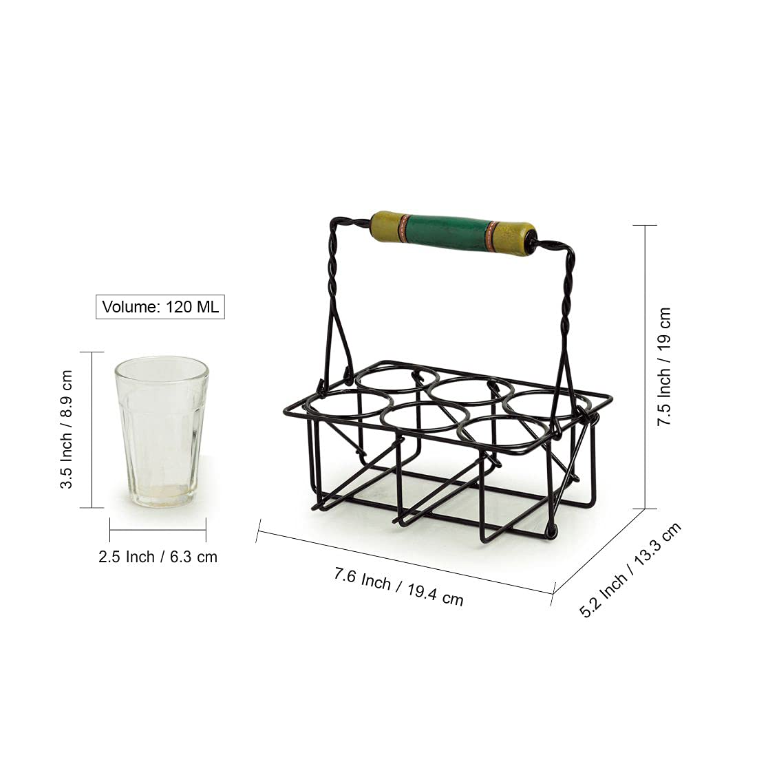 ExclusiveLane 'The Railway Nostalgia' Handpainted Tea Glasses with Iron Stand - Set of 6 (120ml) - Indian Style Cutting Chai Cups for Home, Office & Traditional Tea Ceremonies - Perfect for Chai Lovers & Gift Giving
