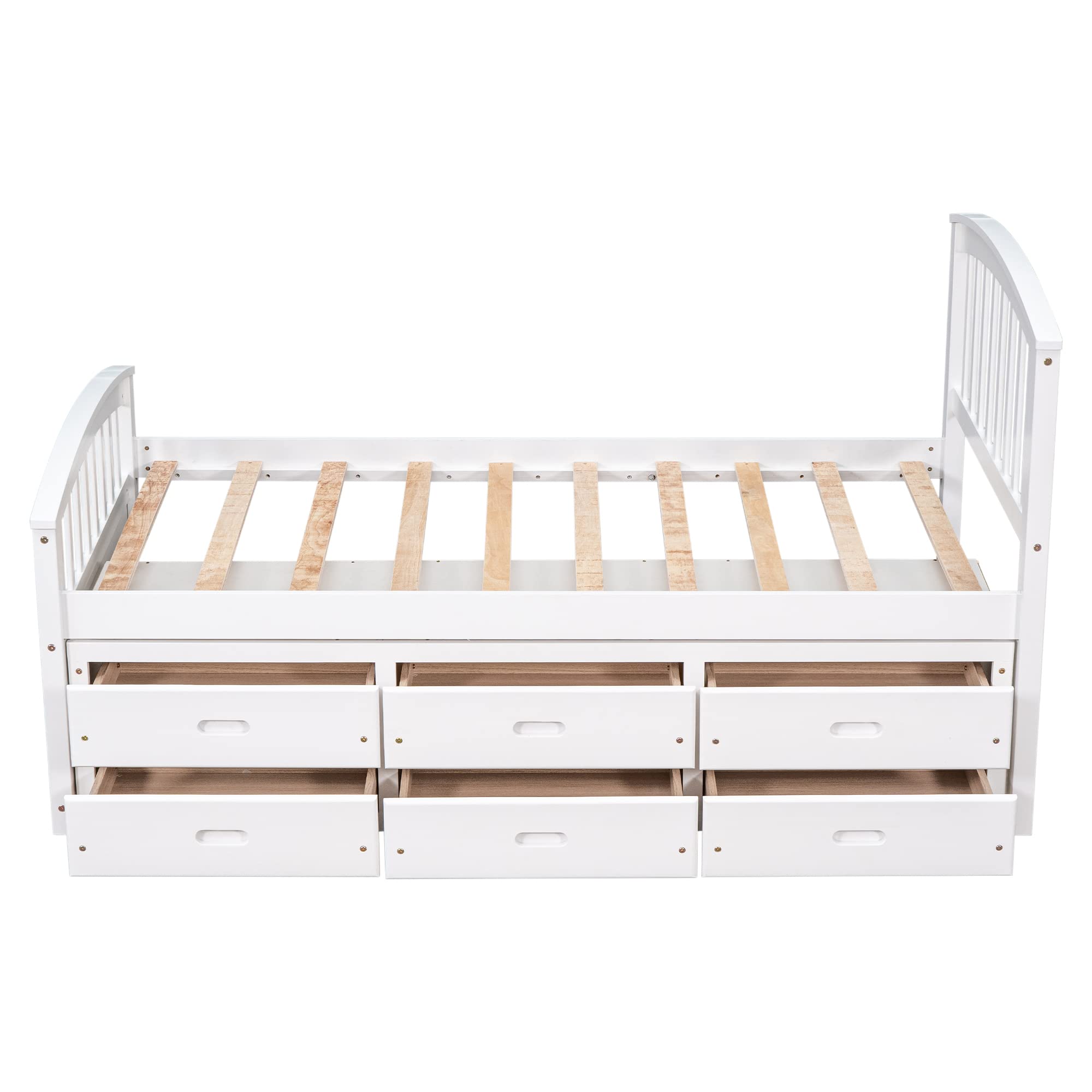 SOFTSEA Twin Size Wooden Bed Frame with 6 Storage Drawers - Platform Bed with Headboard & Footboard for Kids Bedroom - No Box Spring Needed - White - Perfect for Small Spaces & Guest Rooms