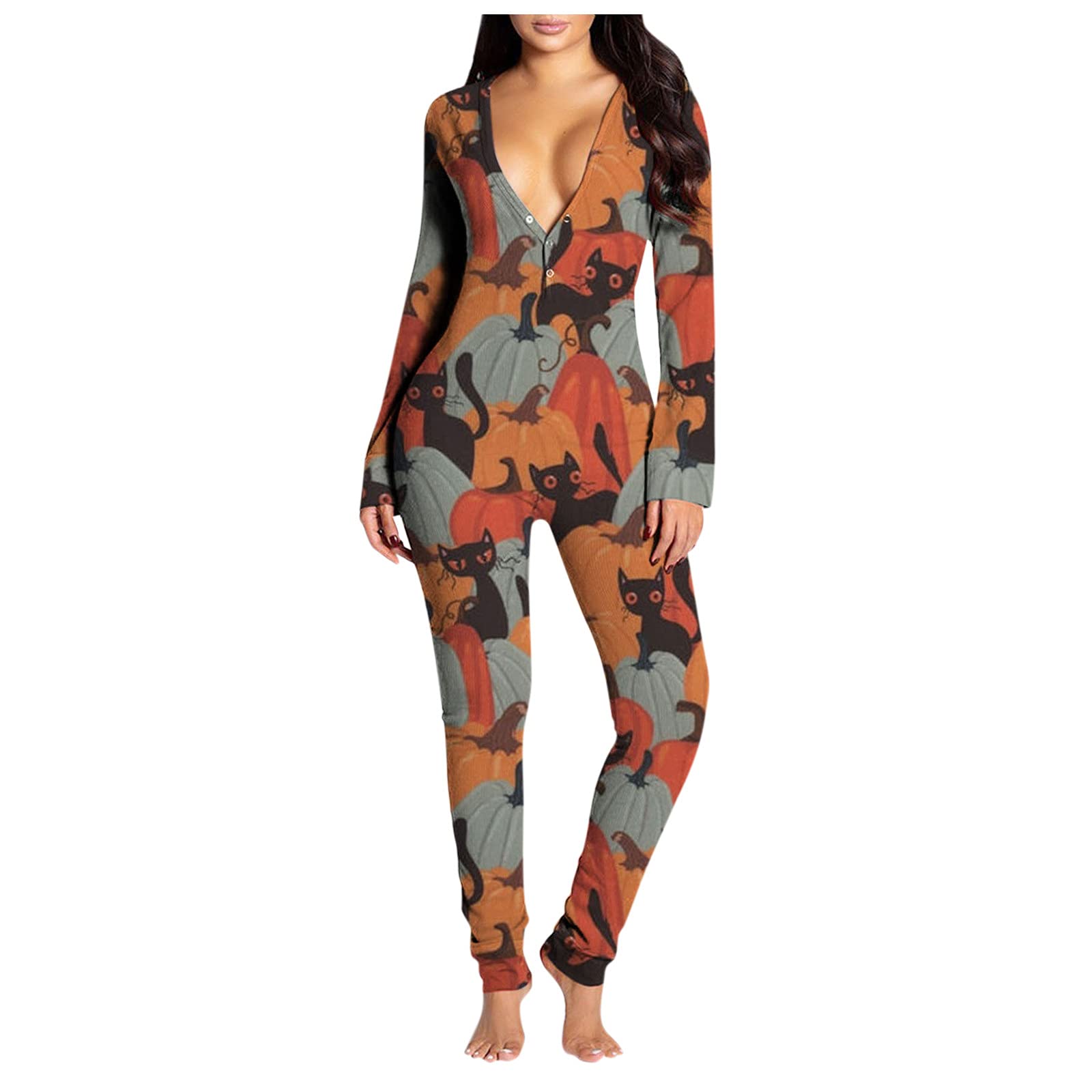 PLENTOP Women's Halloween Jumpsuit Onesie - Sexy Buttoned Flap V-Neck Bodysuit Pajamas & Sleepwear Romper for Costume Parties, Sleepovers & Loungewear