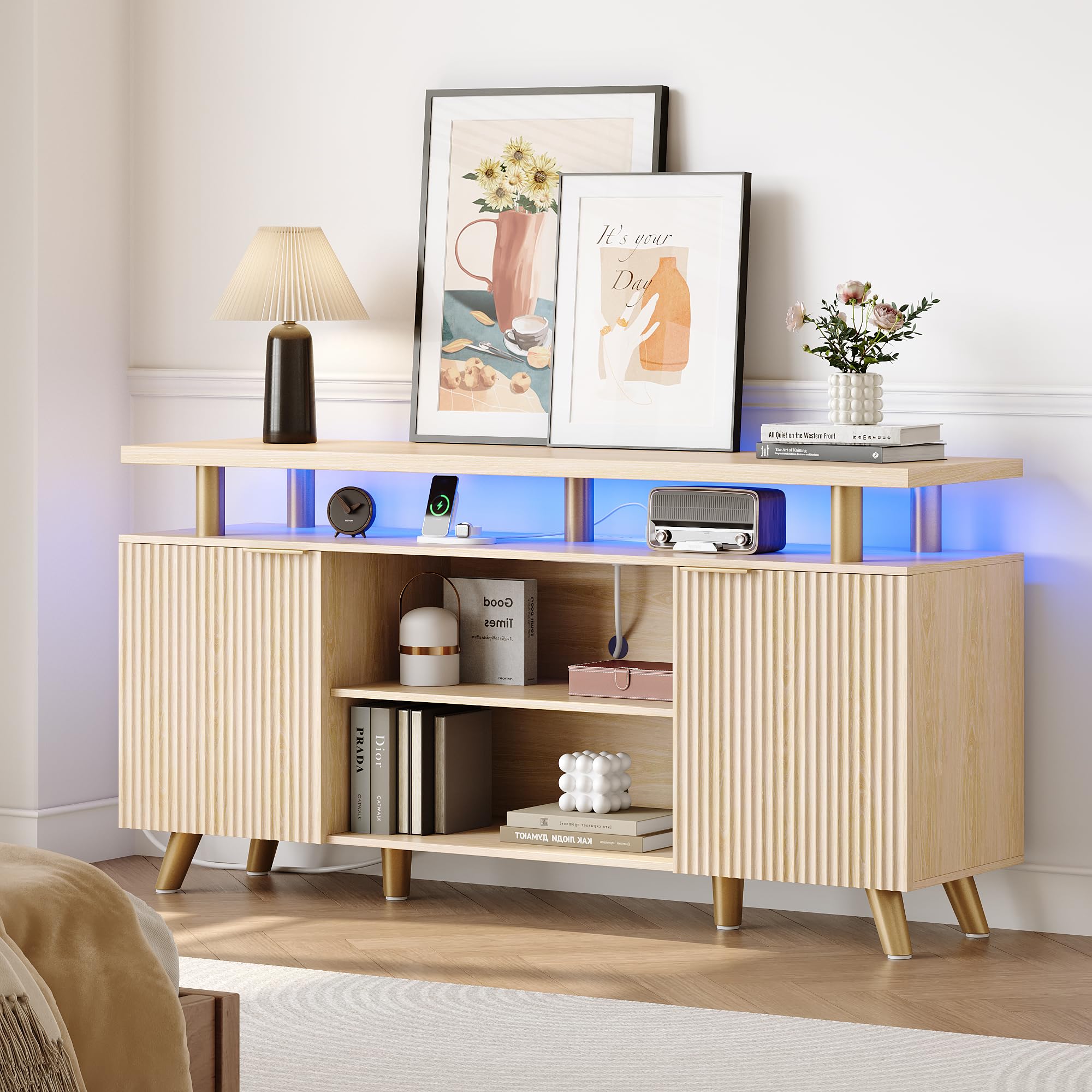 Lulive 65 Inch Fluted TV Stand with Power Outlet & LED Lights - Modern Wood Entertainment Center with 2 Cabinets & 3 Open Shelves - Natural Oak TV Console Table for Living Room (15.7