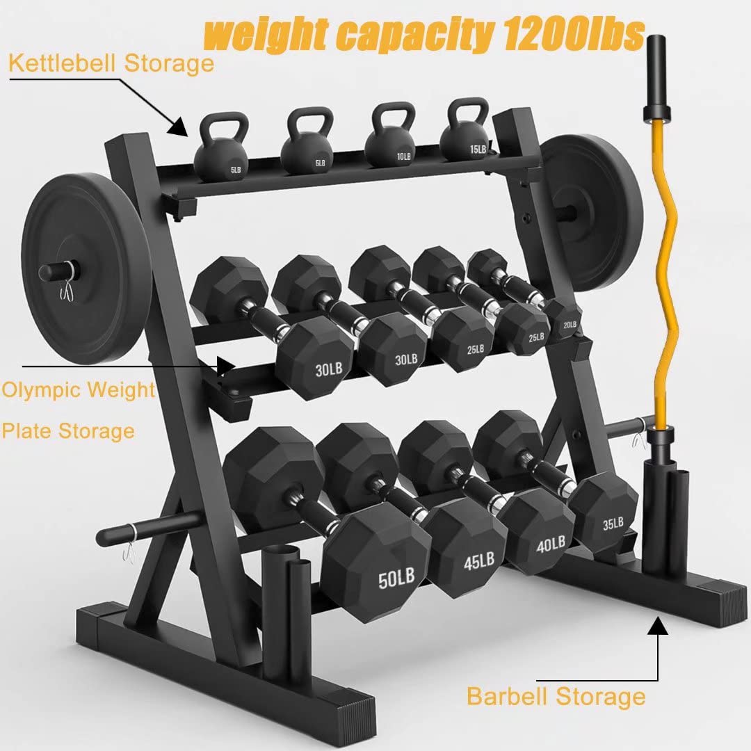 3-Tier Heavy Duty Dumbbell Rack Stand for Home Gym - Steel Free Weight Storage Organizer for Dumbbells, Weight Plates & Barbells (1200 LBS Capacity) - Perfect for Garage Gym, CrossFit & Strength Training Workouts