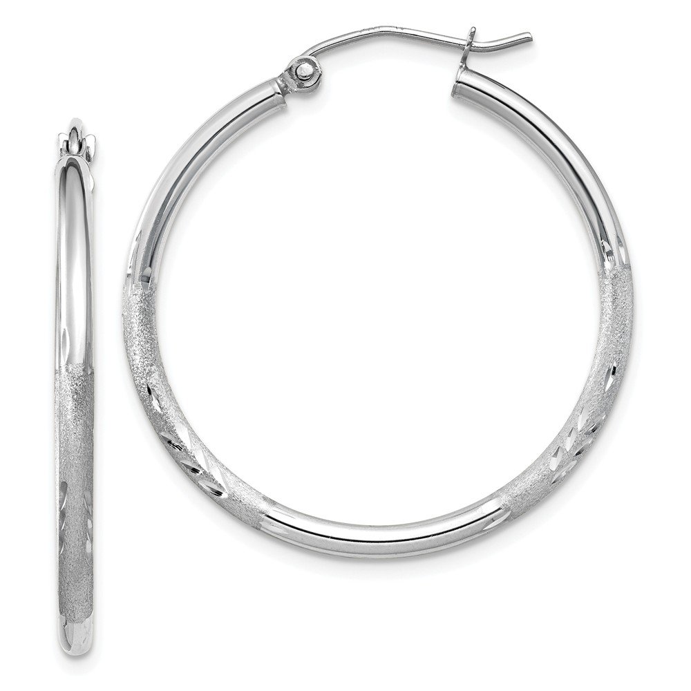 14K White Gold Satin & Diamond-Cut 2mm Round Hoop Earrings for Women - Elegant Everyday Jewelry for Work, Date Night & Special Occasions